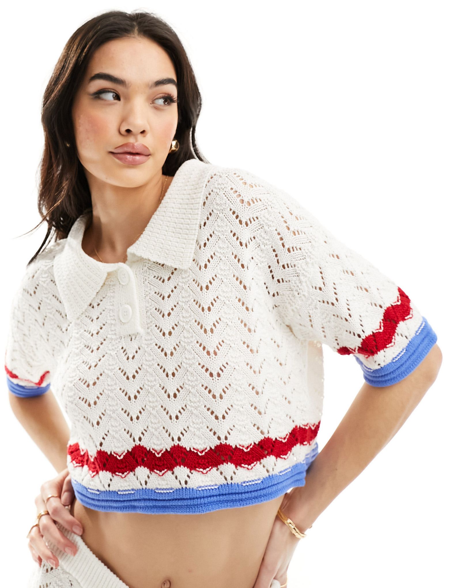 Белая трикотажная рубашка-поло фактурной строчки с полоской по низу ASOS DESIGN часть комплекта 2090₽