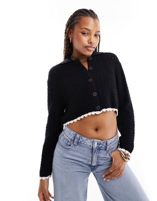 Черный кардиган-рубашка открытой вязки с кантом ASOS DESIGN
