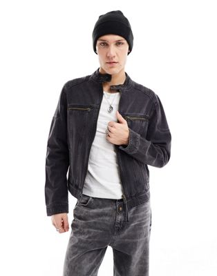 Черная джинсовая куртка без воротника со вставками ASOS DESIGN