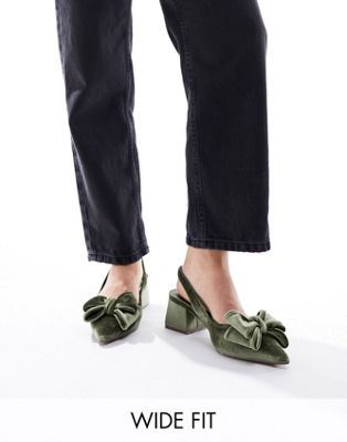 Зеленые бархатные туфли на среднем каблуке с бантом ASOS DESIGN Wide Fit Symphony