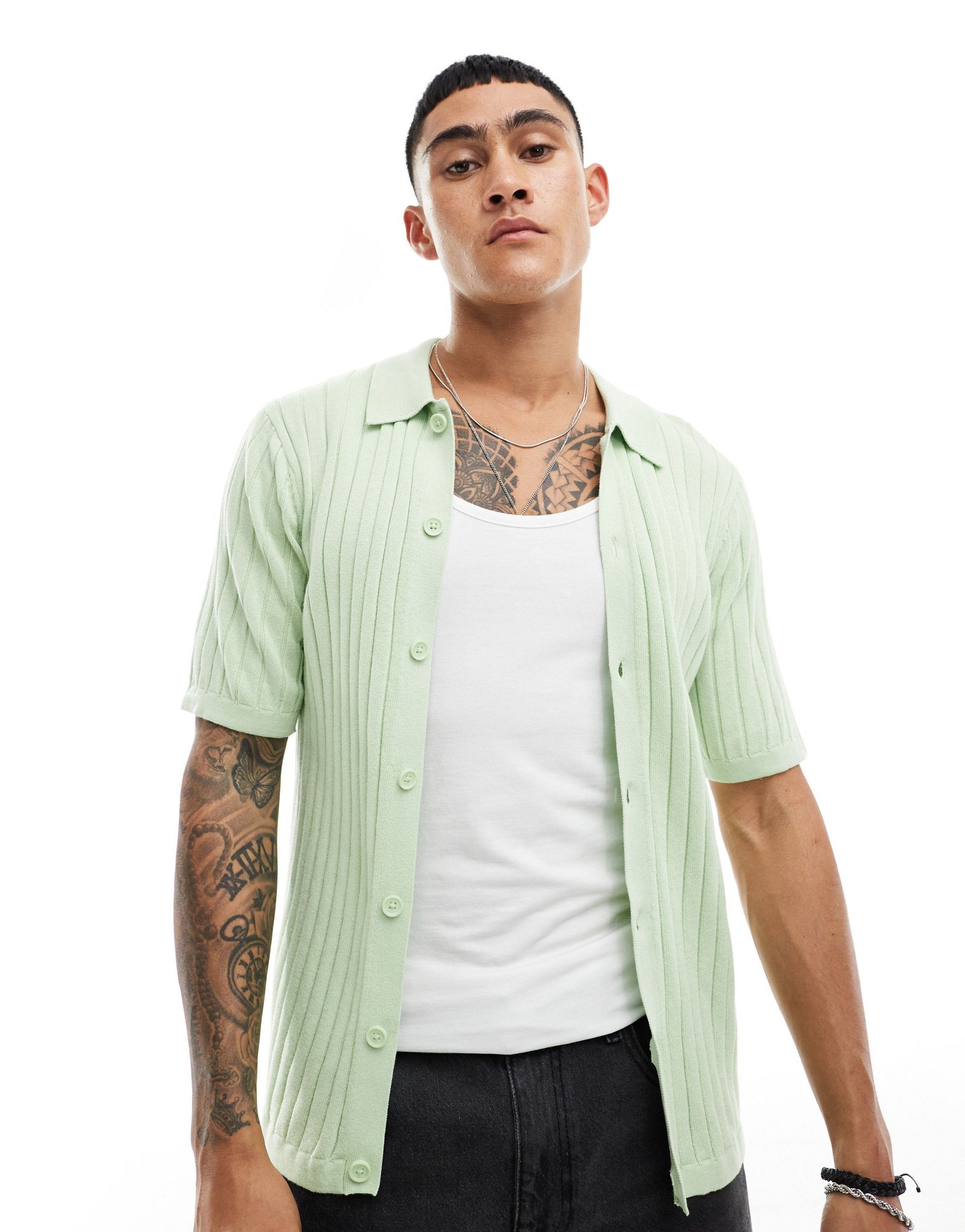 Легкая зеленая рубашка-поло на пуговицах в рубчик ASOS DESIGN