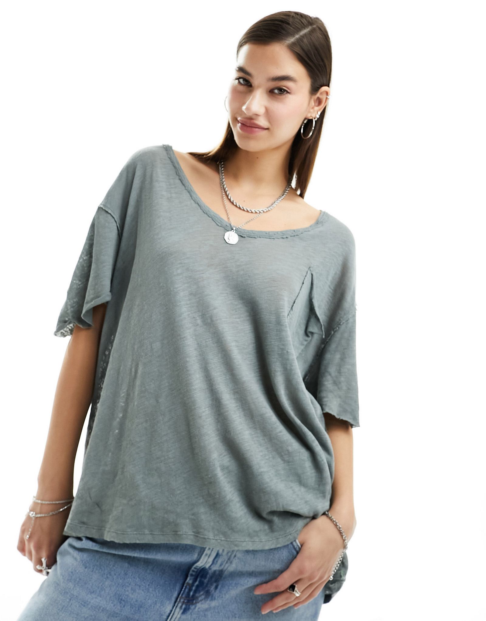 Серая футболка цвета хаки с напуском Free People 3890₽