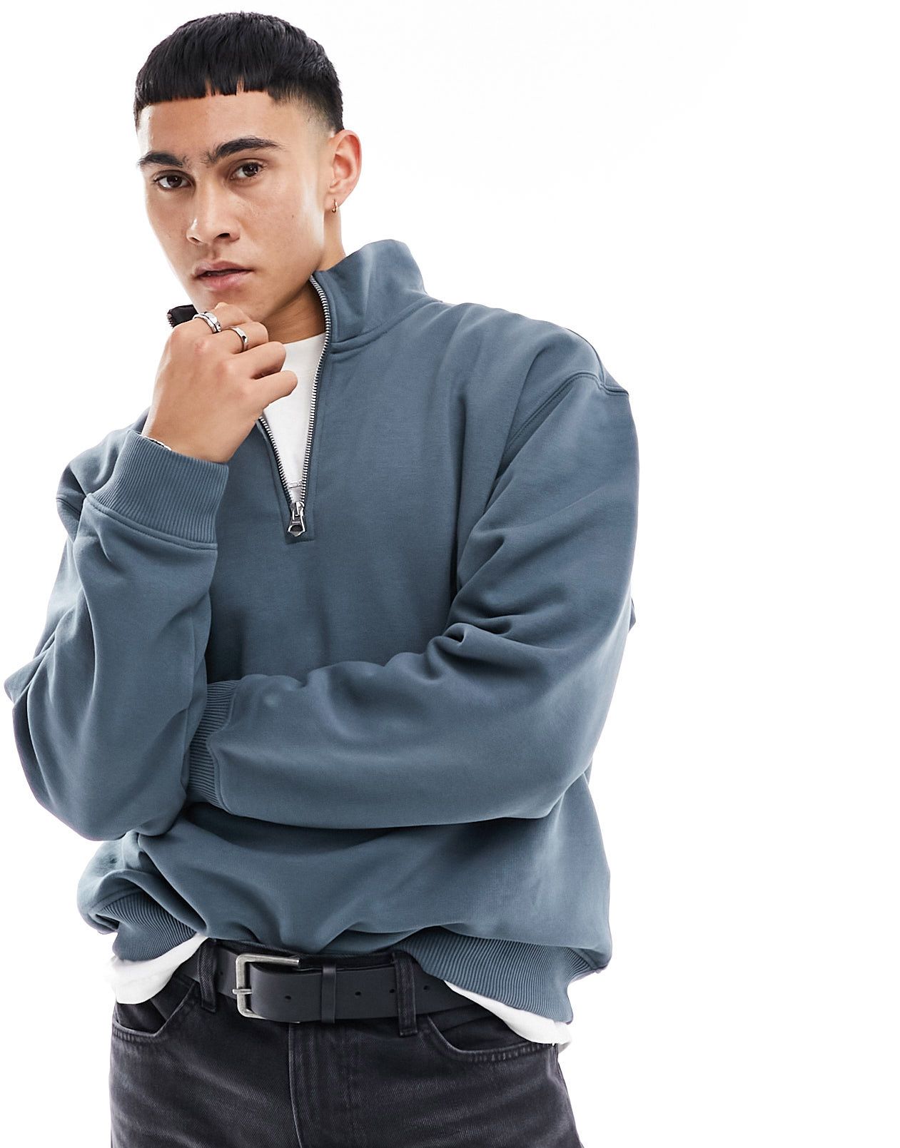 Свободный темно-бирюзовый свитшот Weekday из плотной ткани на молнии с половиной молнией 6690₽