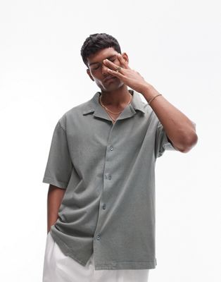 Серо-зеленая рубашка-поло из джерси на пуговицах Topman
