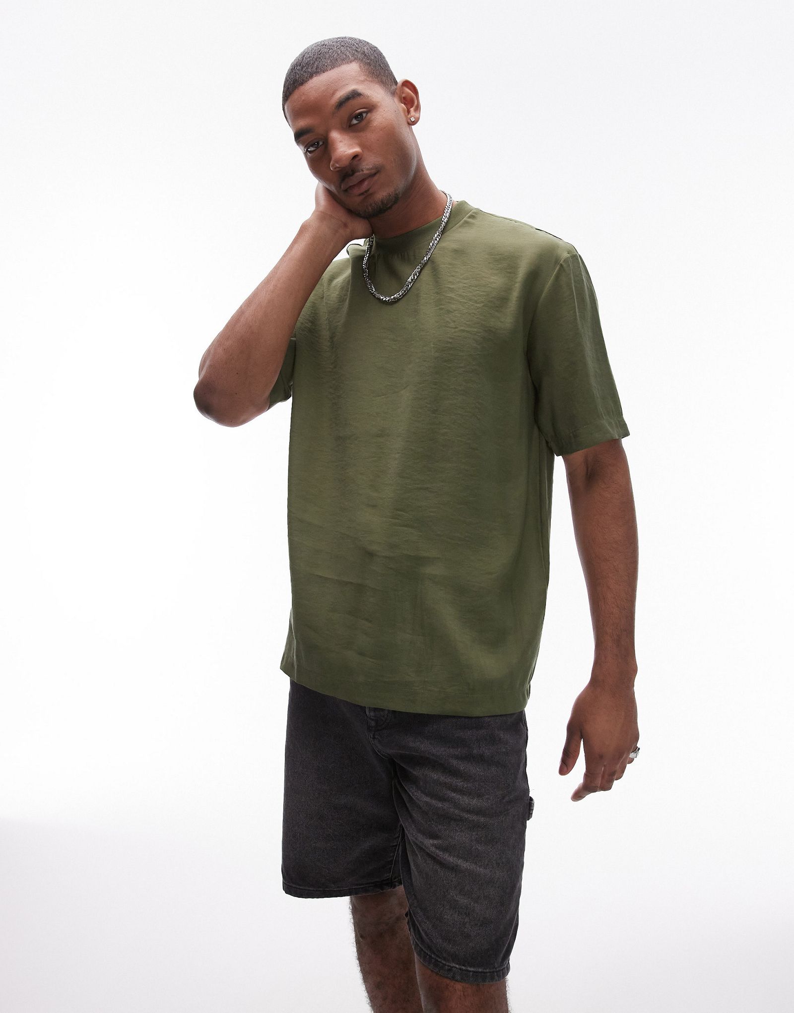 Тканая футболка оверсайз с рукавами средней длины цвета хаки Topman 5590₽