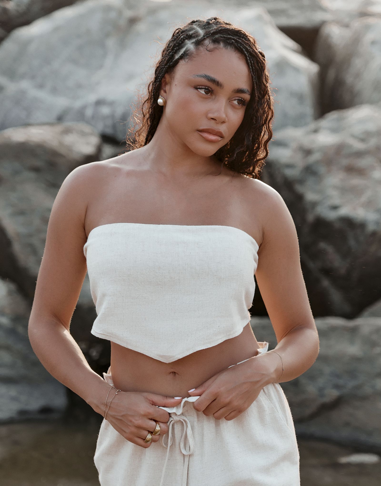 Бежевый пляжный укороченный топ-бандо из смеси льна 4th - Reckless x Loz Vassallo Tulum Multiway — часть комплекта