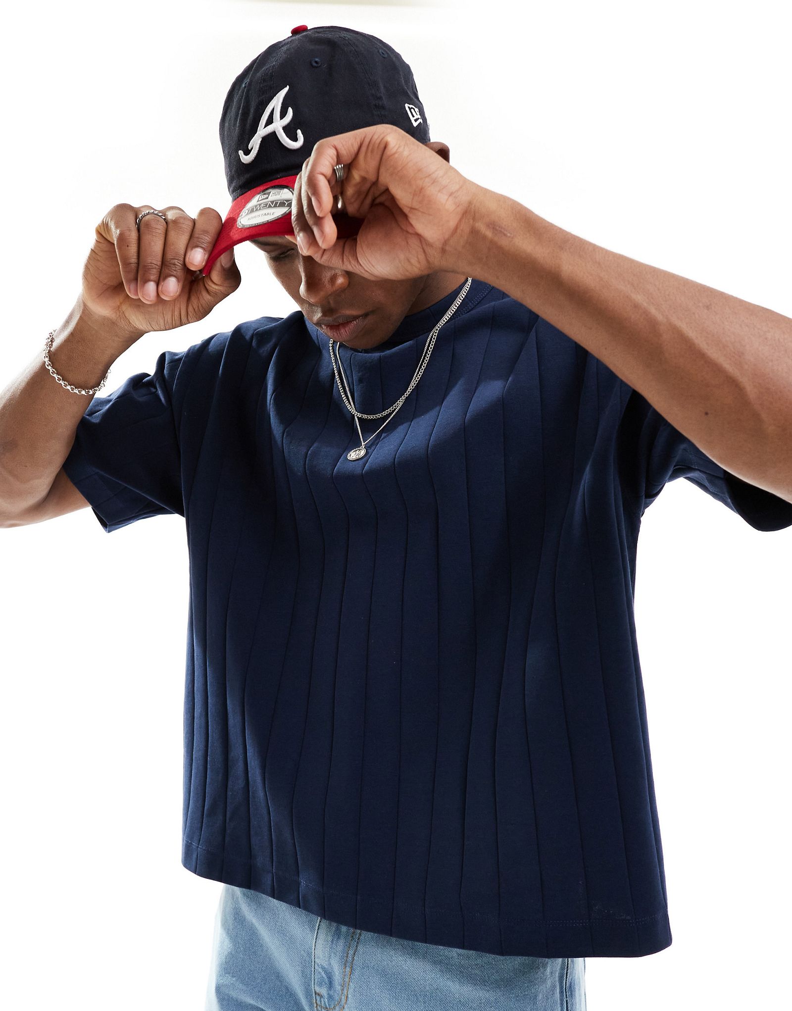 Темно-синяя объемная футболка свободного кроя в рубчик ASOS DESIGN 1990₽