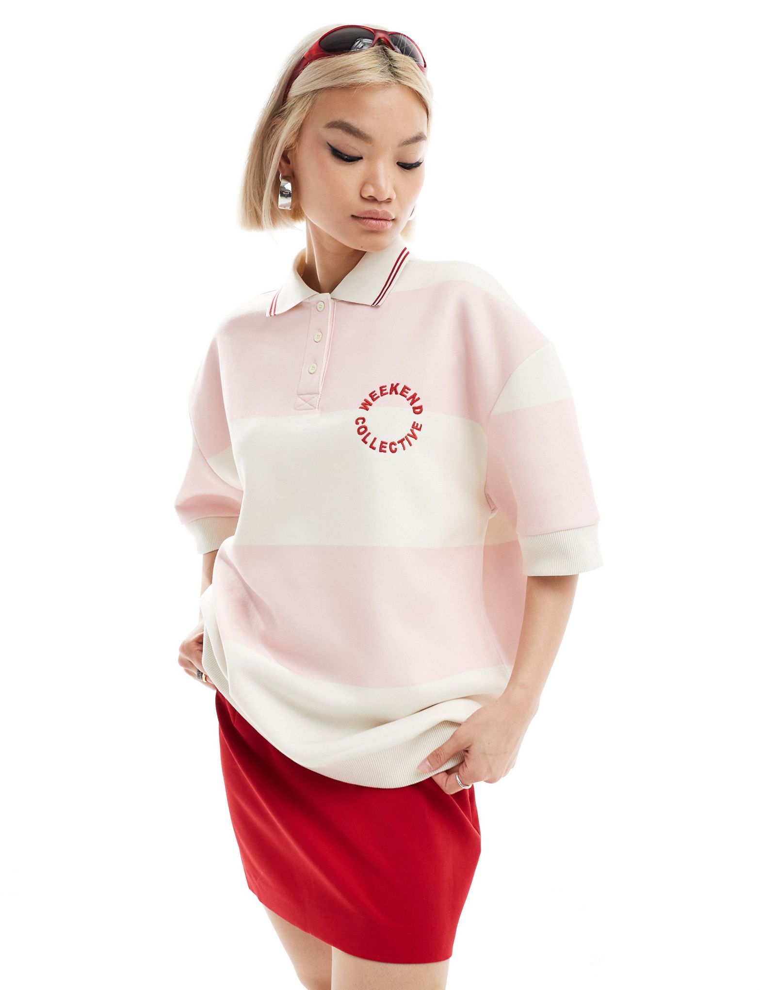 Розовая рубашка-поло в полоску ASOS DESIGN Weekend Collective