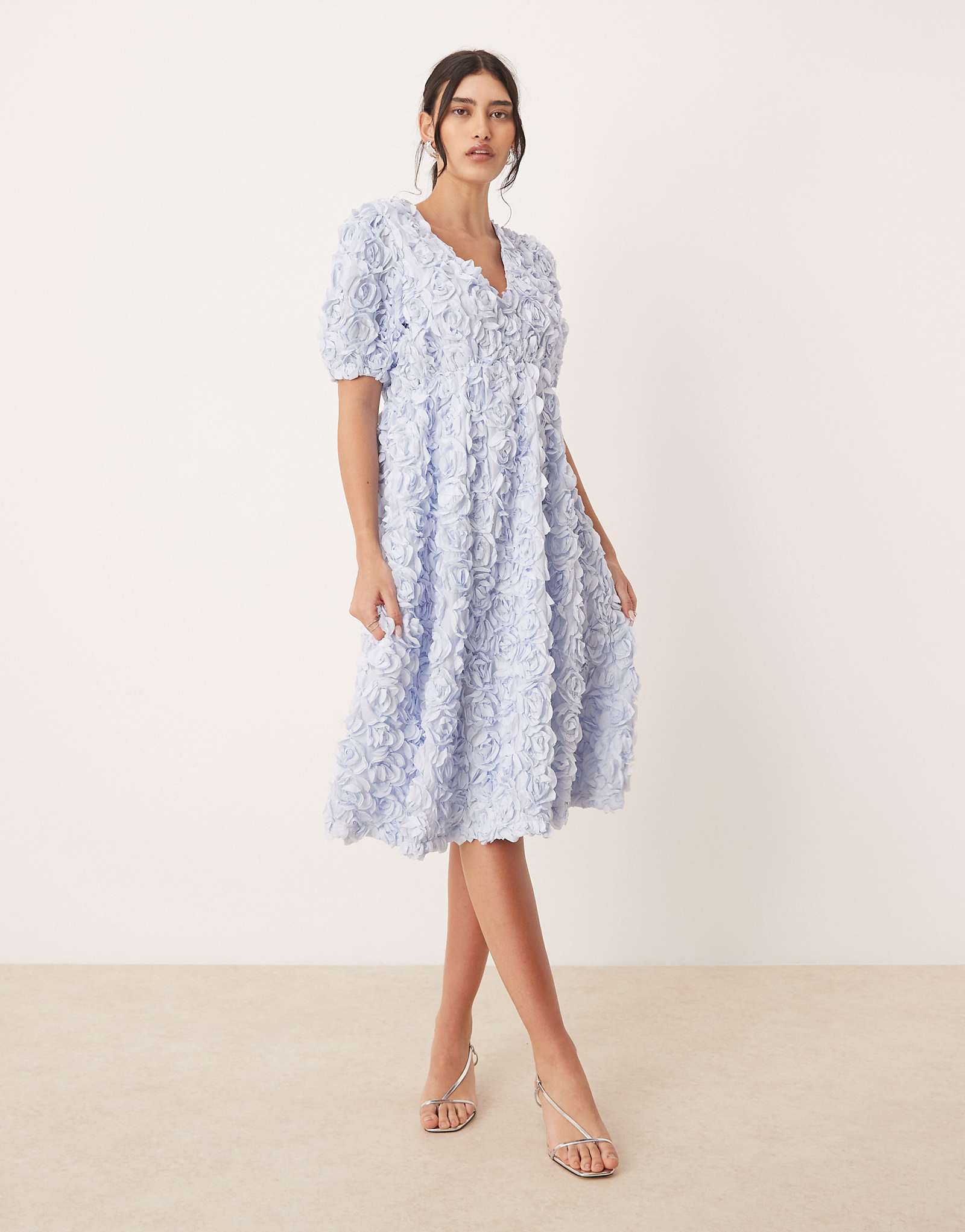 YAS 3D floral textured v neck midi dress in soft blue