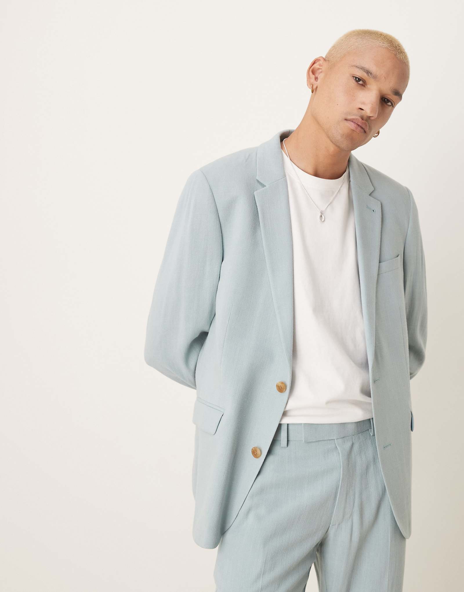 ASOS DESIGN skinny suit jacket with linen in light blue microtexture 21890₽
