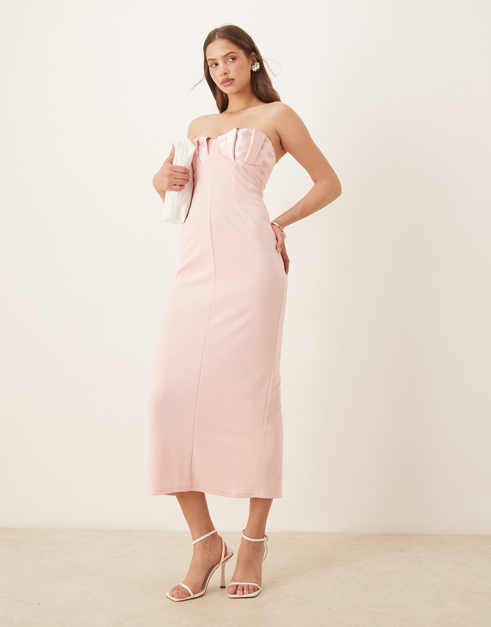 ASOS DESIGN scuba bandeau midi dress with pleated satin bust cups in light pink 4990₽
