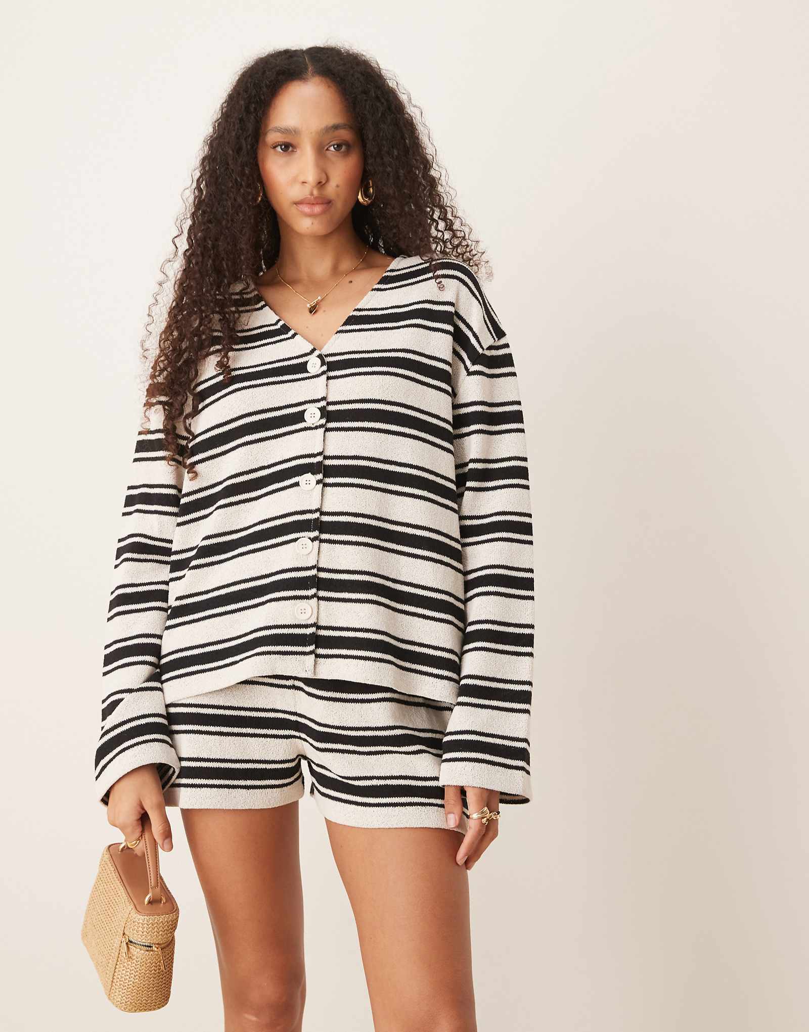 ASOS DESIGN long sleeve textured stripe cardigan in black and white - part of a set 6090₽
