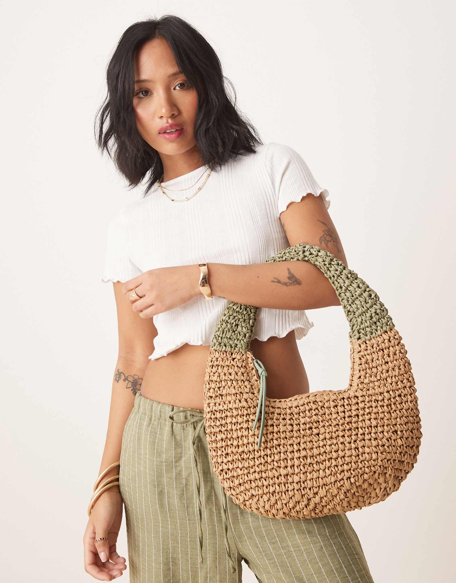 My Accessories straw grab bag in green and natural beige