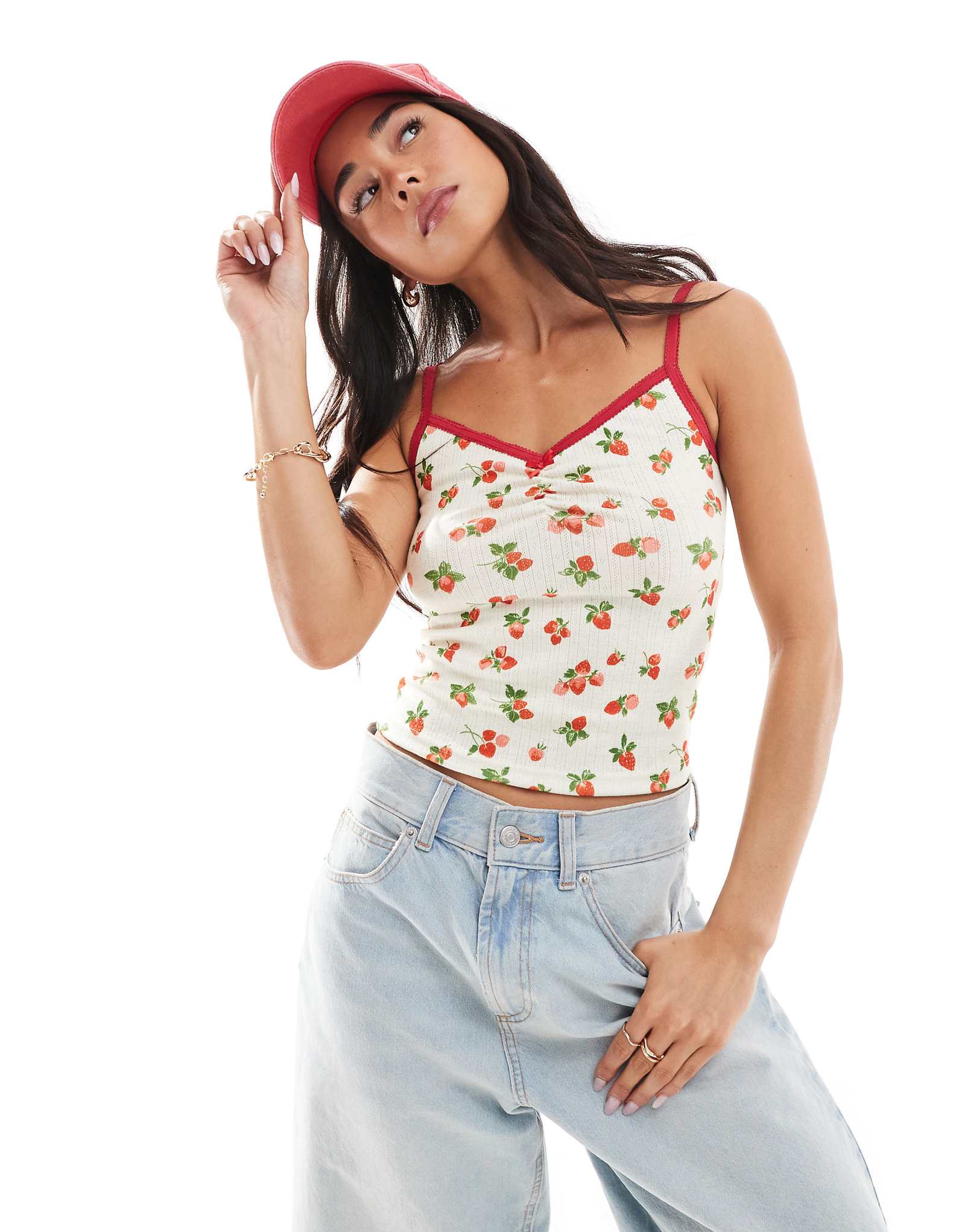 Daisy Street printed cropped cami top in red floral 4590₽
