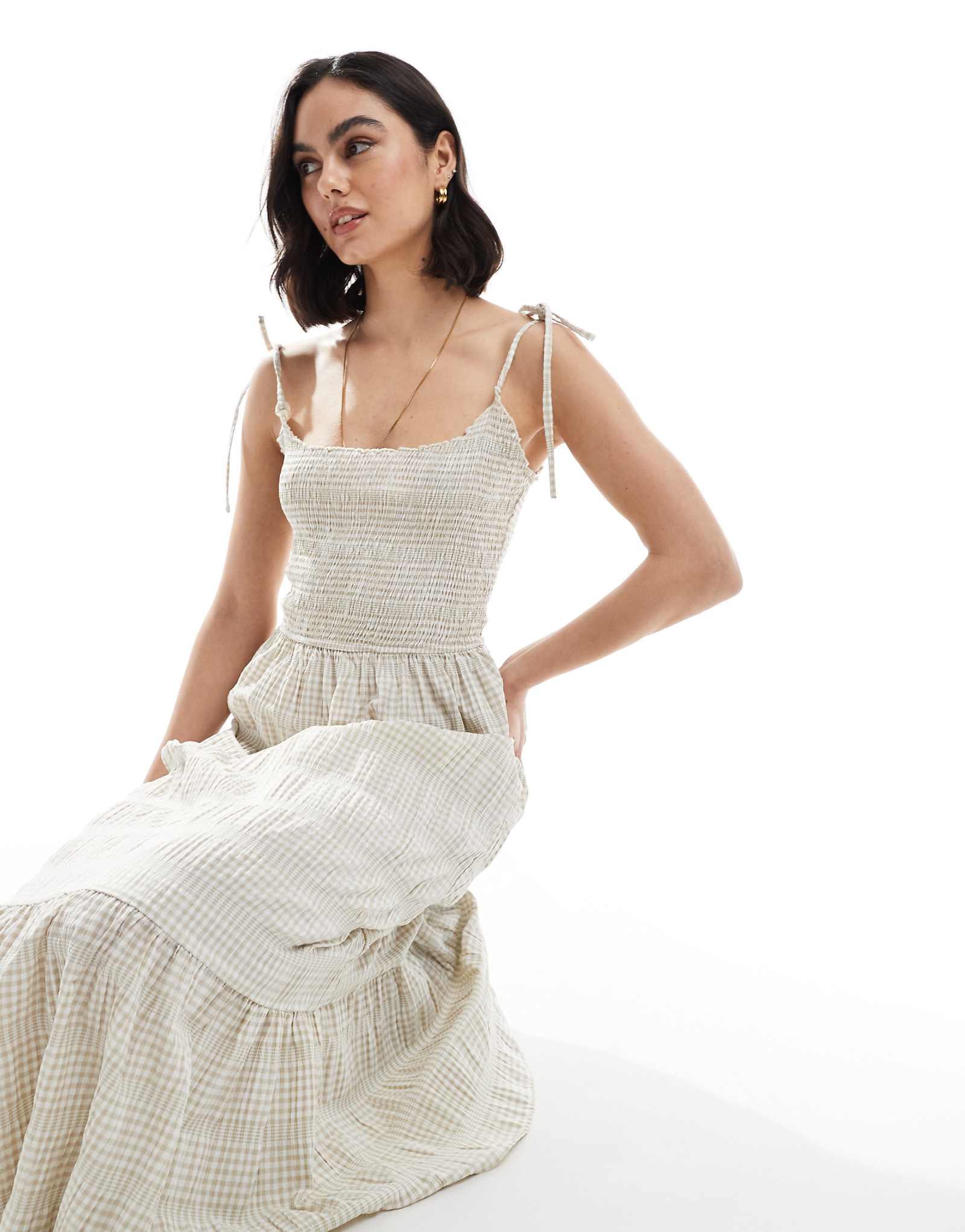 Daisy Street shirred midaxi dress in beige stripe