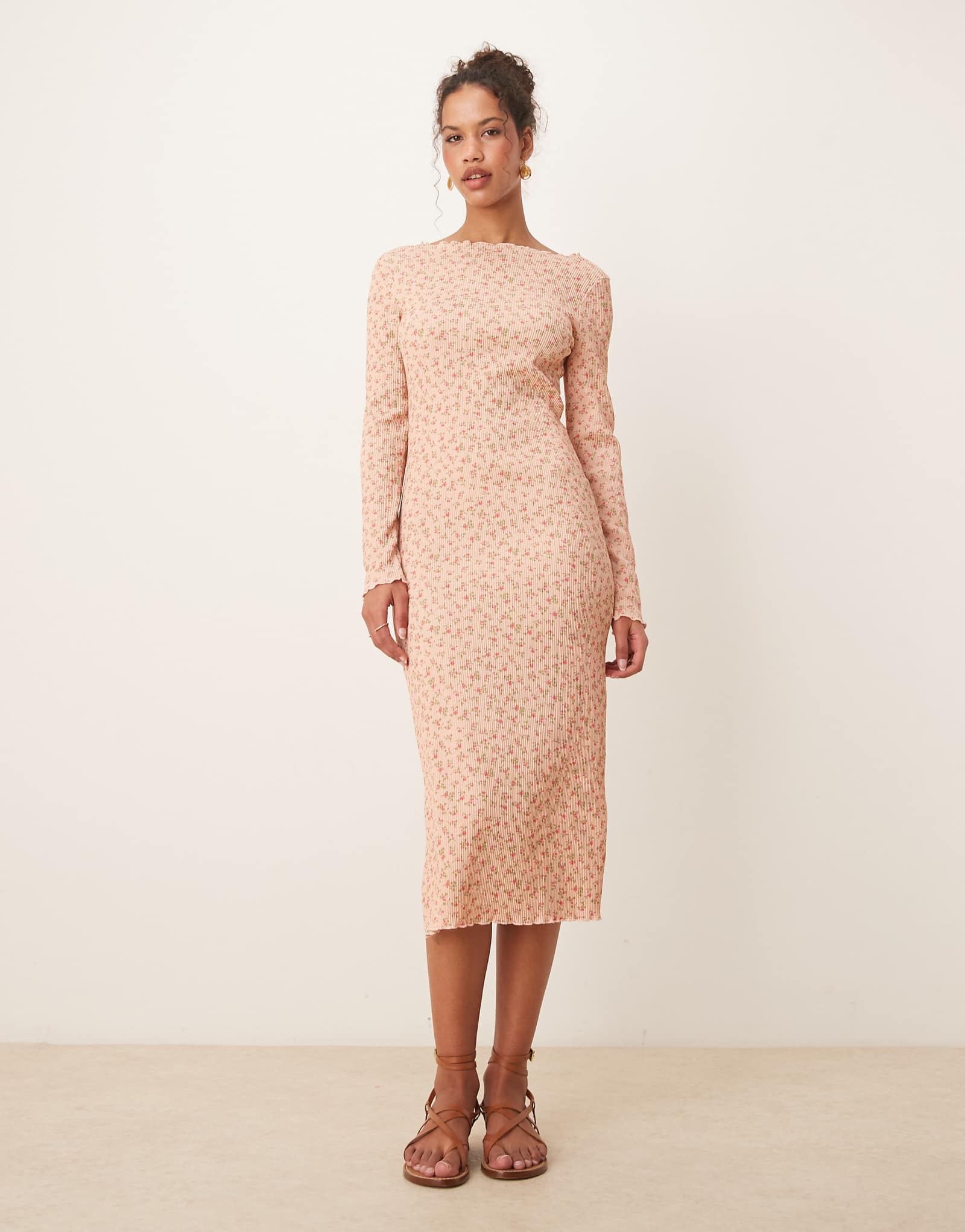 AWARE plisse midi dress in light pink floral print