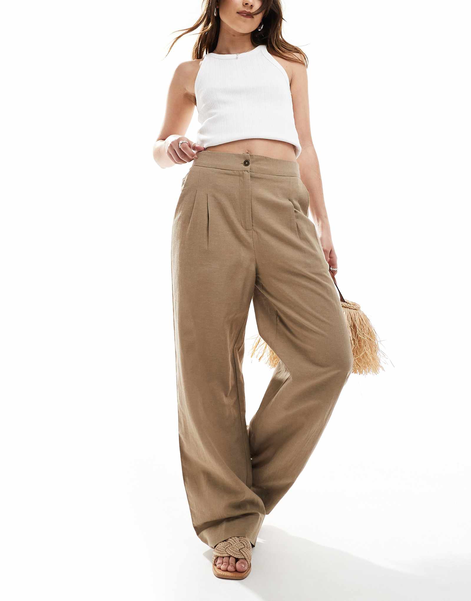 French Connection wide leg linen look pants in tan 8690₽
