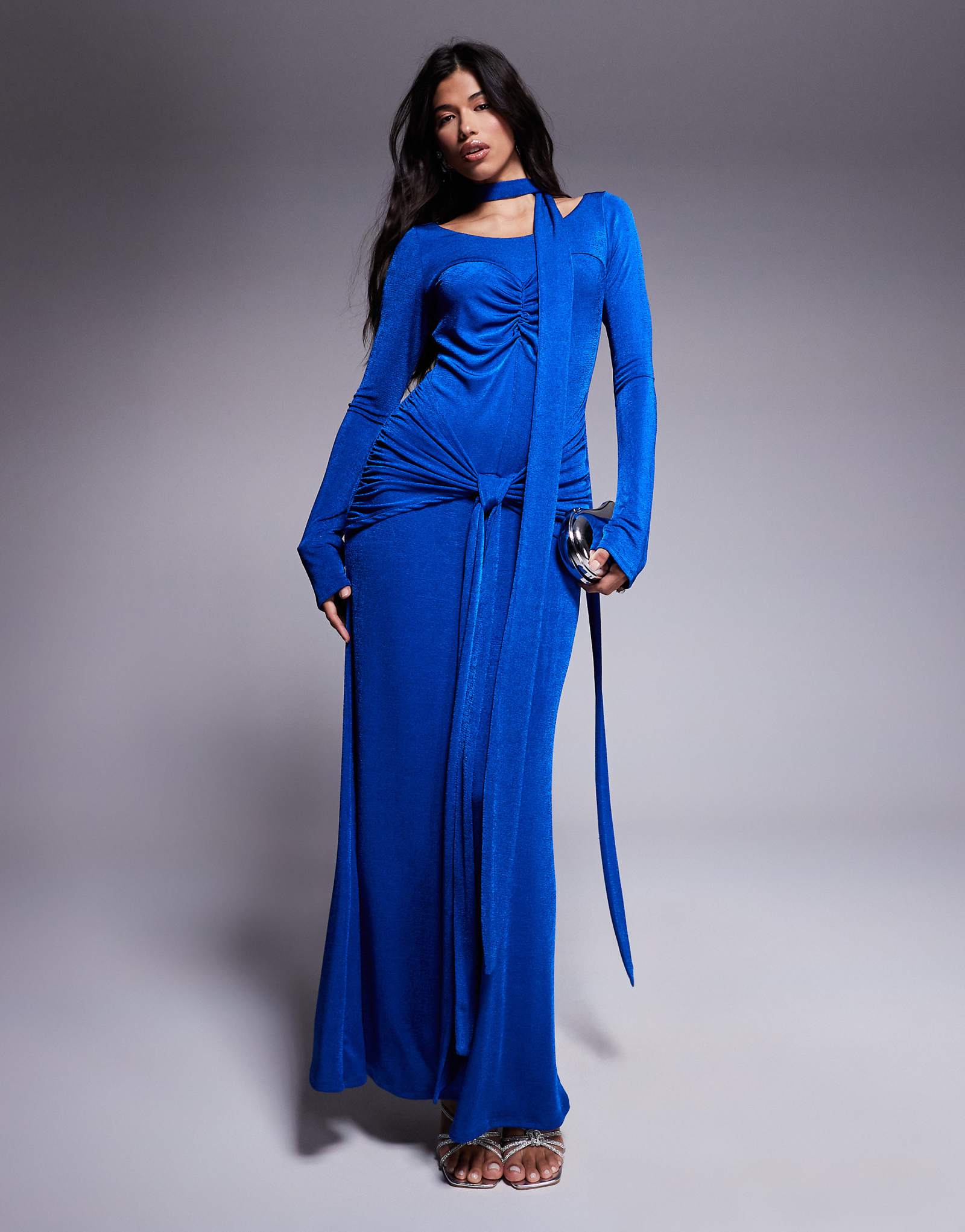 Daska ruched maxi dress with waist and neck tie detail in calbalt