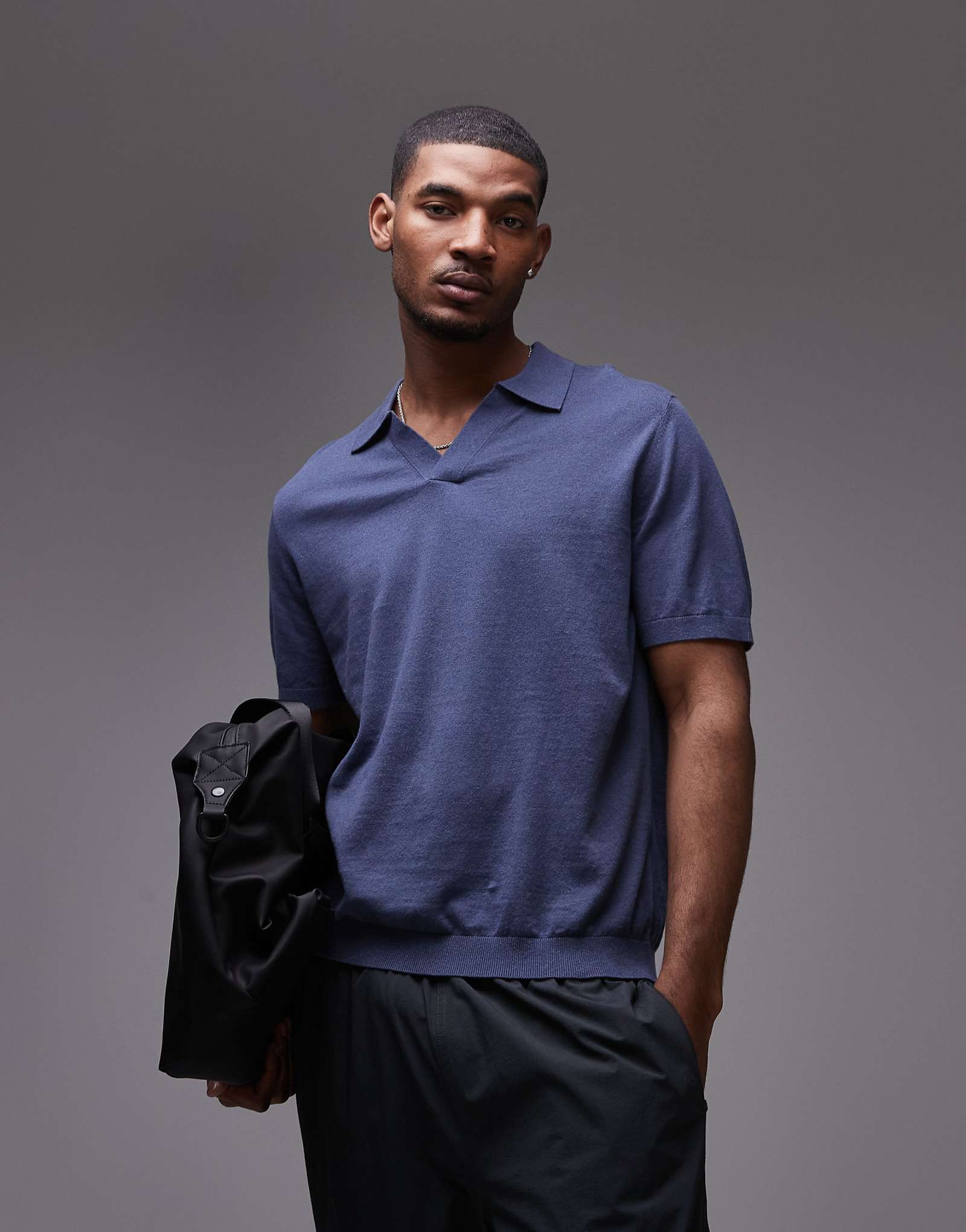 ARKET linen look knit short sleeve polo shirt in navy blue 14490₽