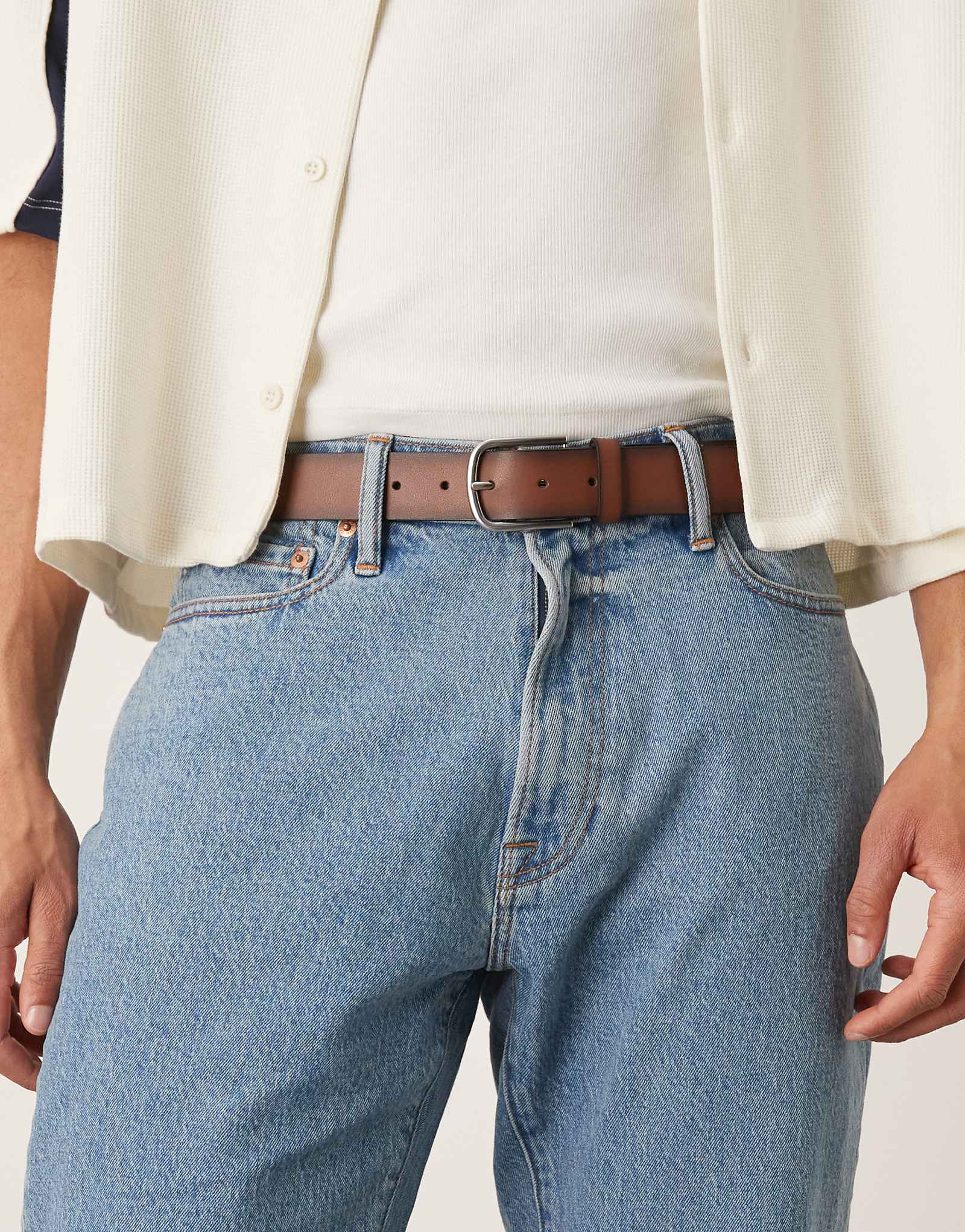 Mango leather curved buckle belt in washed brown 7090₽