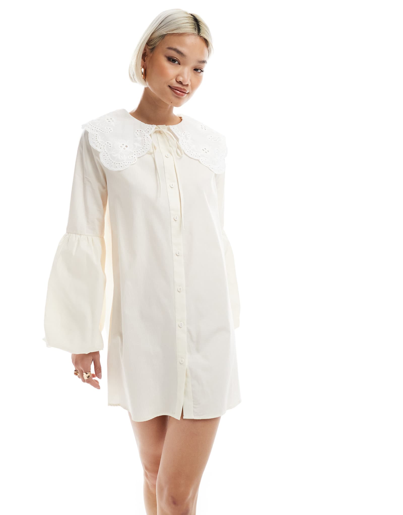 Miss Selfridge balloon sleeve oversized collar smock dress in white 6090₽