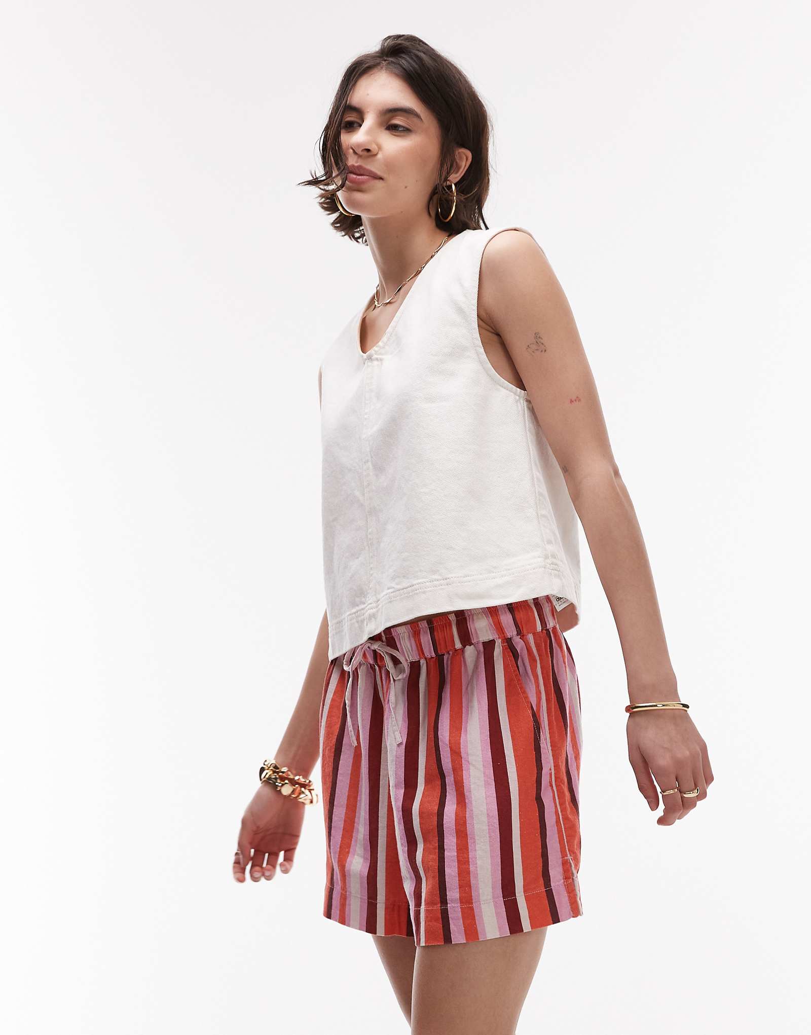 Topshop high rise drawstring linen mix shorts in pink stripe 9490₽