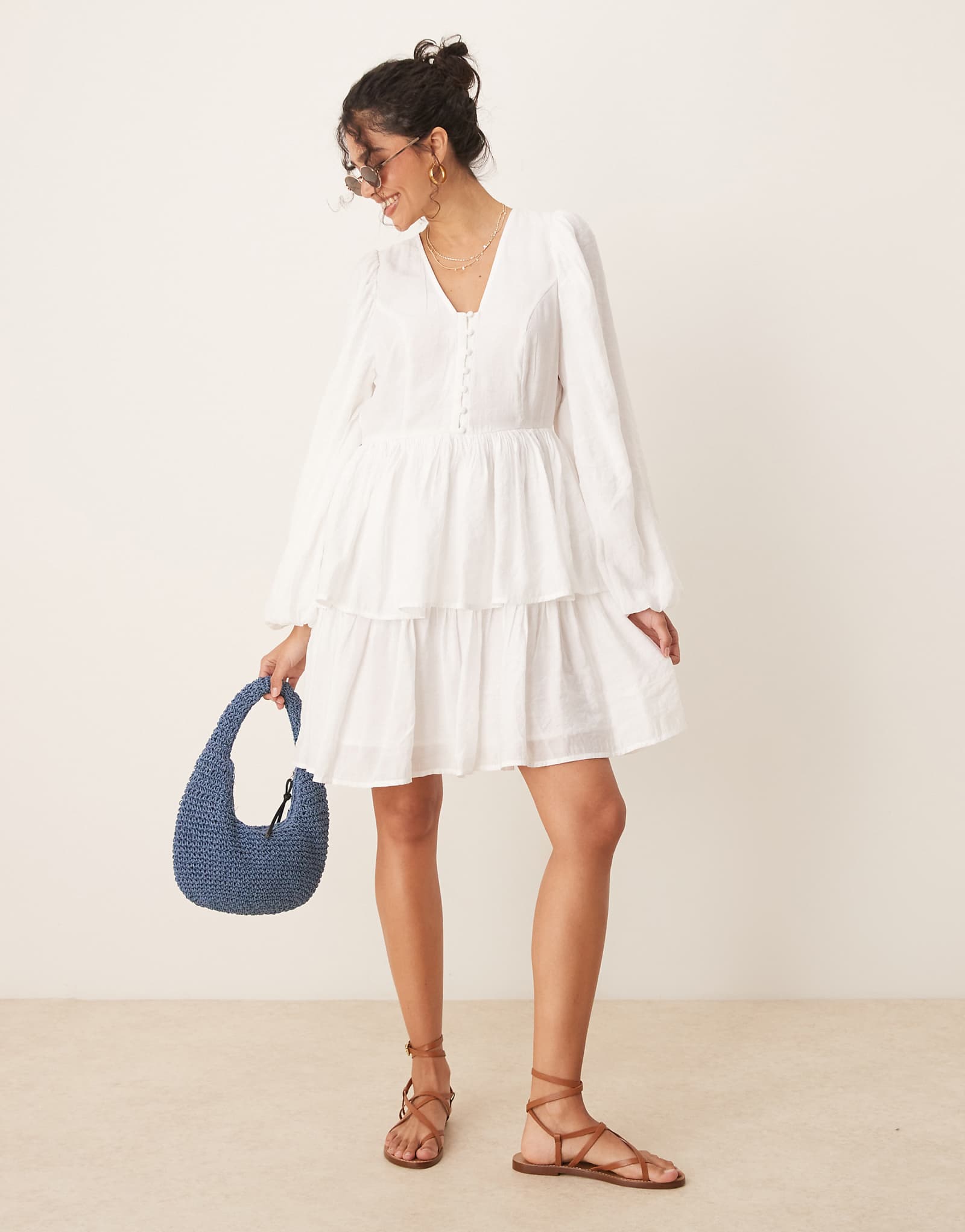 YAS puff sleeve button front boho mini dress in white 14890₽