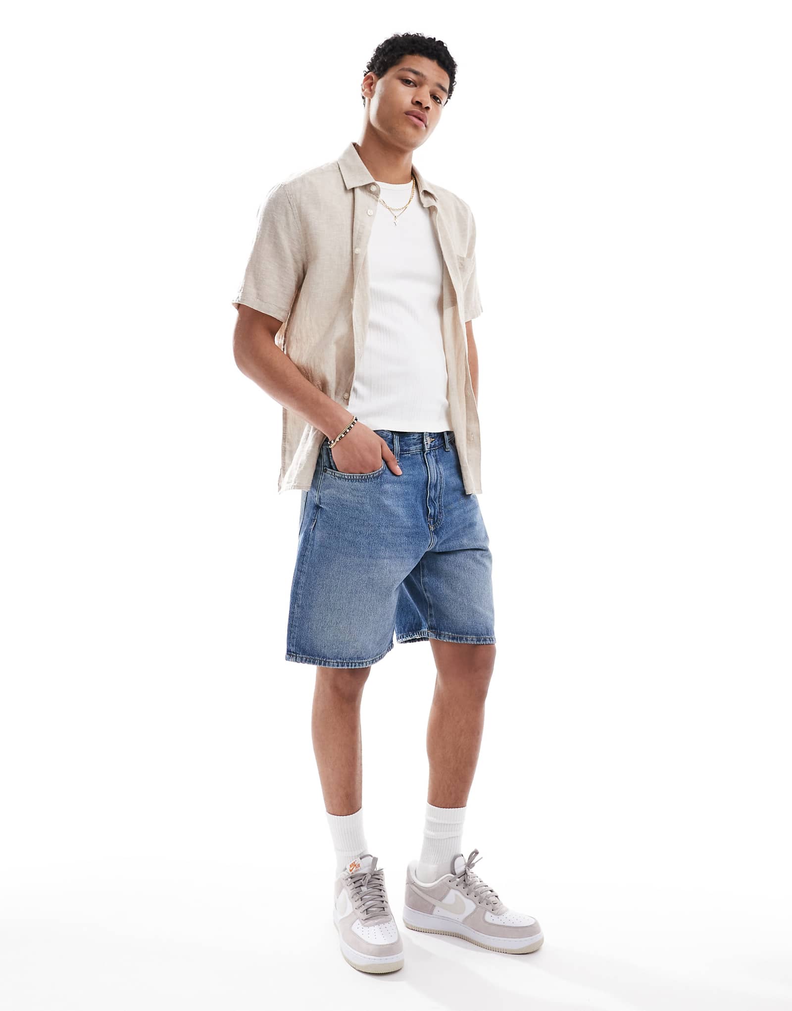 Pull-Bear standard fit denim shorts in mid blue 7590₽