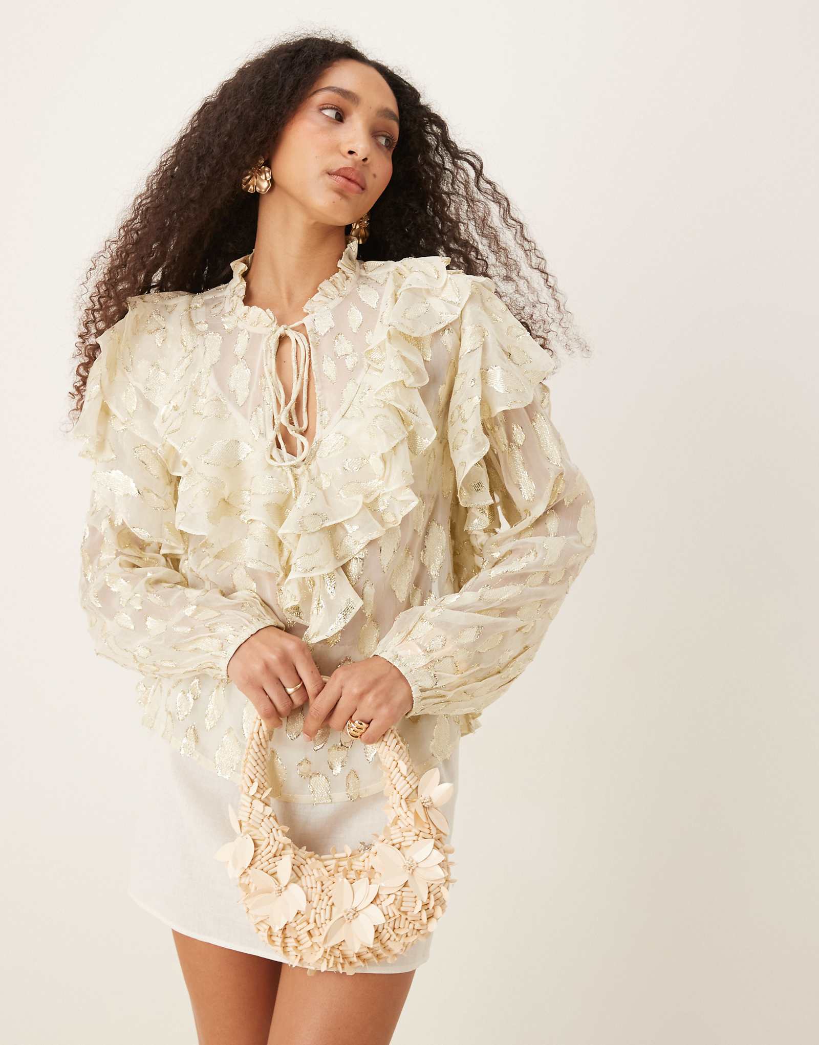 Never Fully Dressed boho ruffle metallic jacquard blouse in cream and gold 18390₽