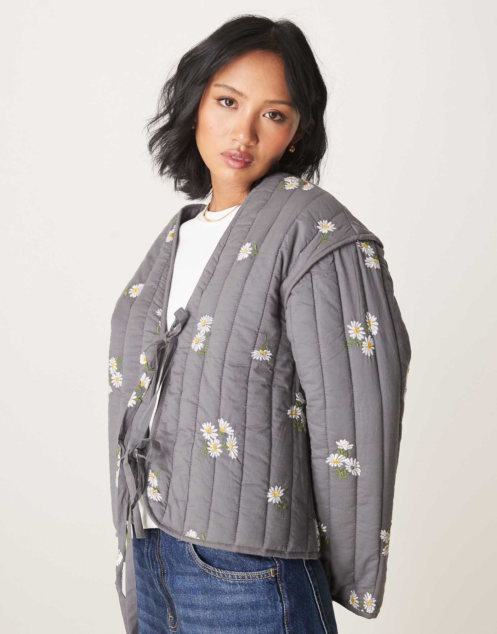 ASOS DESIGN Petite tie front quilted embroidered jacket in washed gray 10090₽