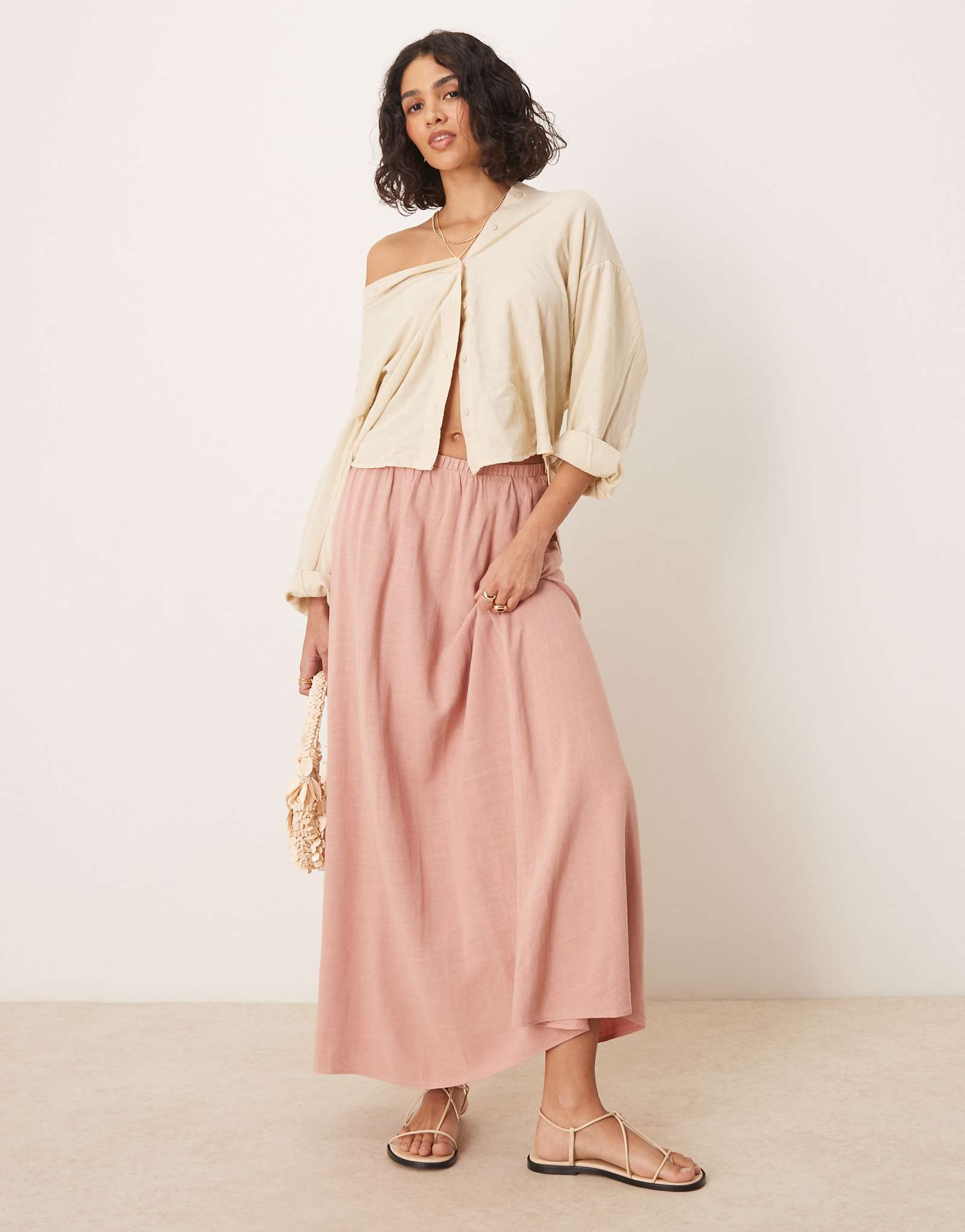 ASOS DESIGN linen look A-line maxi skirt in dusty pink 6390₽