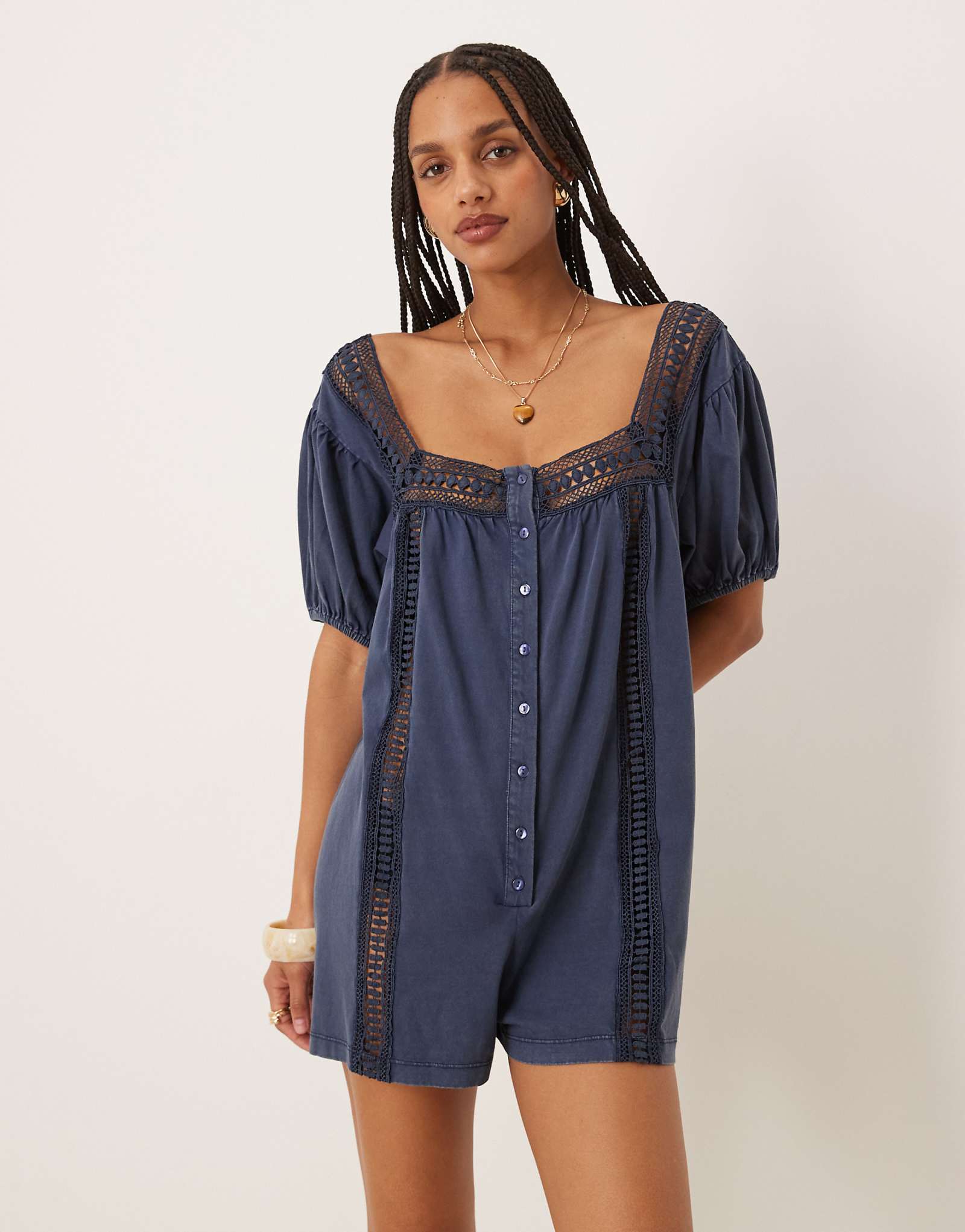 ASOS DESIGN broderie square neck button down puff sleeve romper in washed denim blue 6990₽