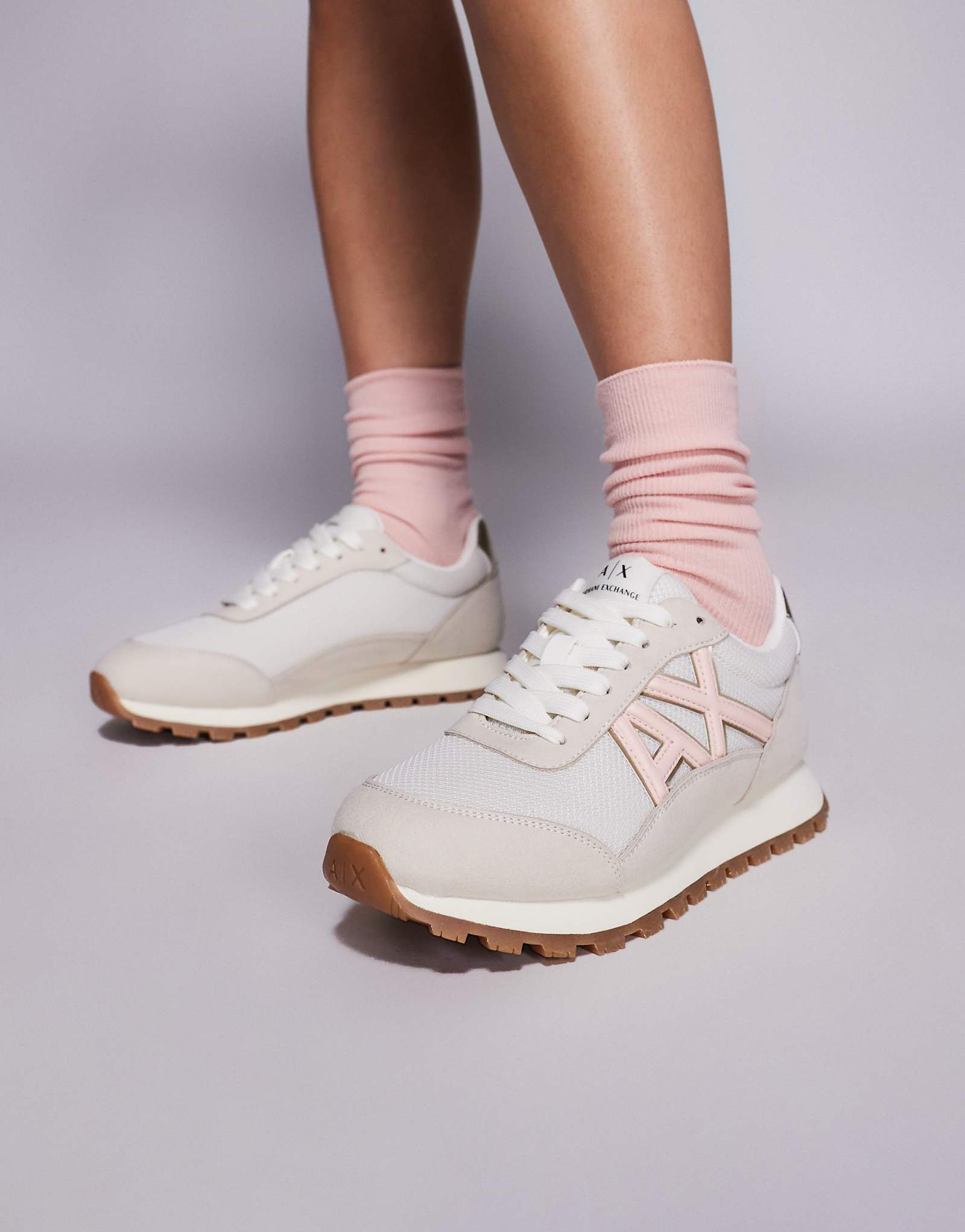 Armani Exchange faux suede mix logo sneakers in cream and pink 19590₽