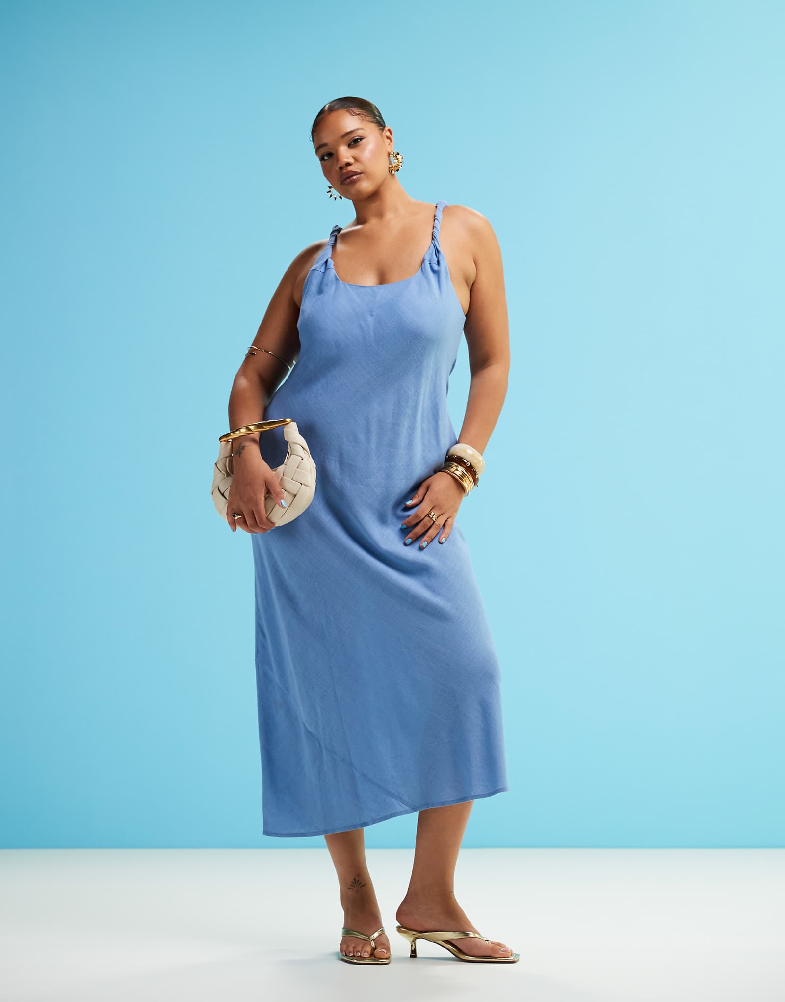 ASOS DESIGN Curve linen mix twist strap bias maxi dress in denim blue 7090₽
