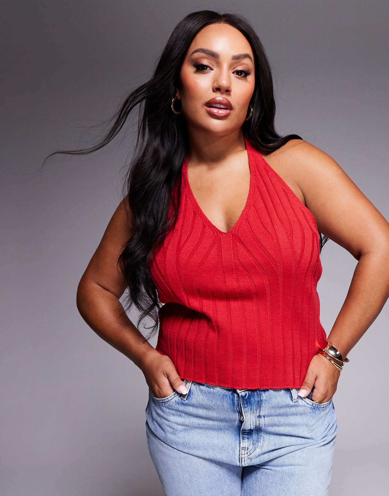 ASOS DESIGN Curve knit wide ribbed halter top in red 2290₽