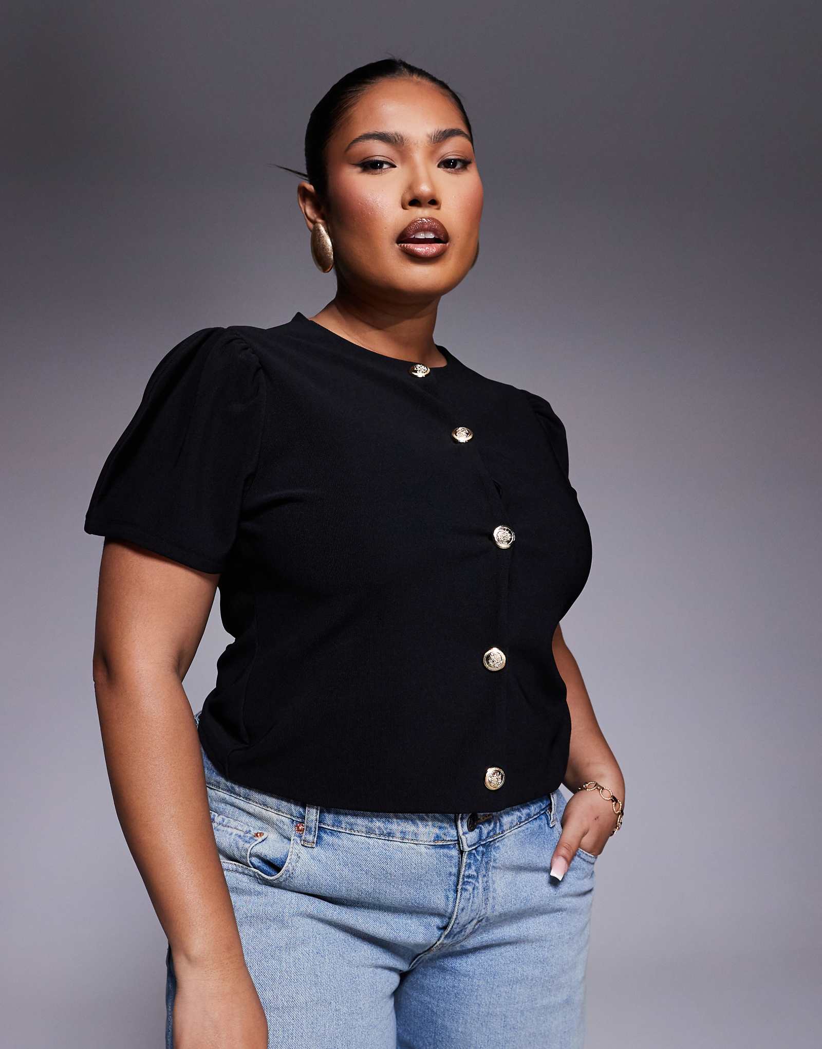 ASOS DESIGN Curve ribbed puff sleeve structured button up top in black 5090₽