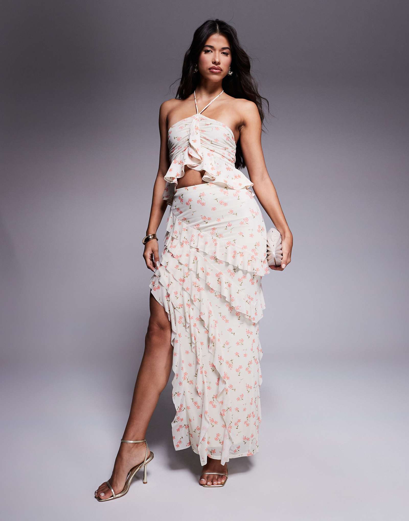 AFRM asymmetrical ruffle maxi skirt in ditsy floral 7590₽