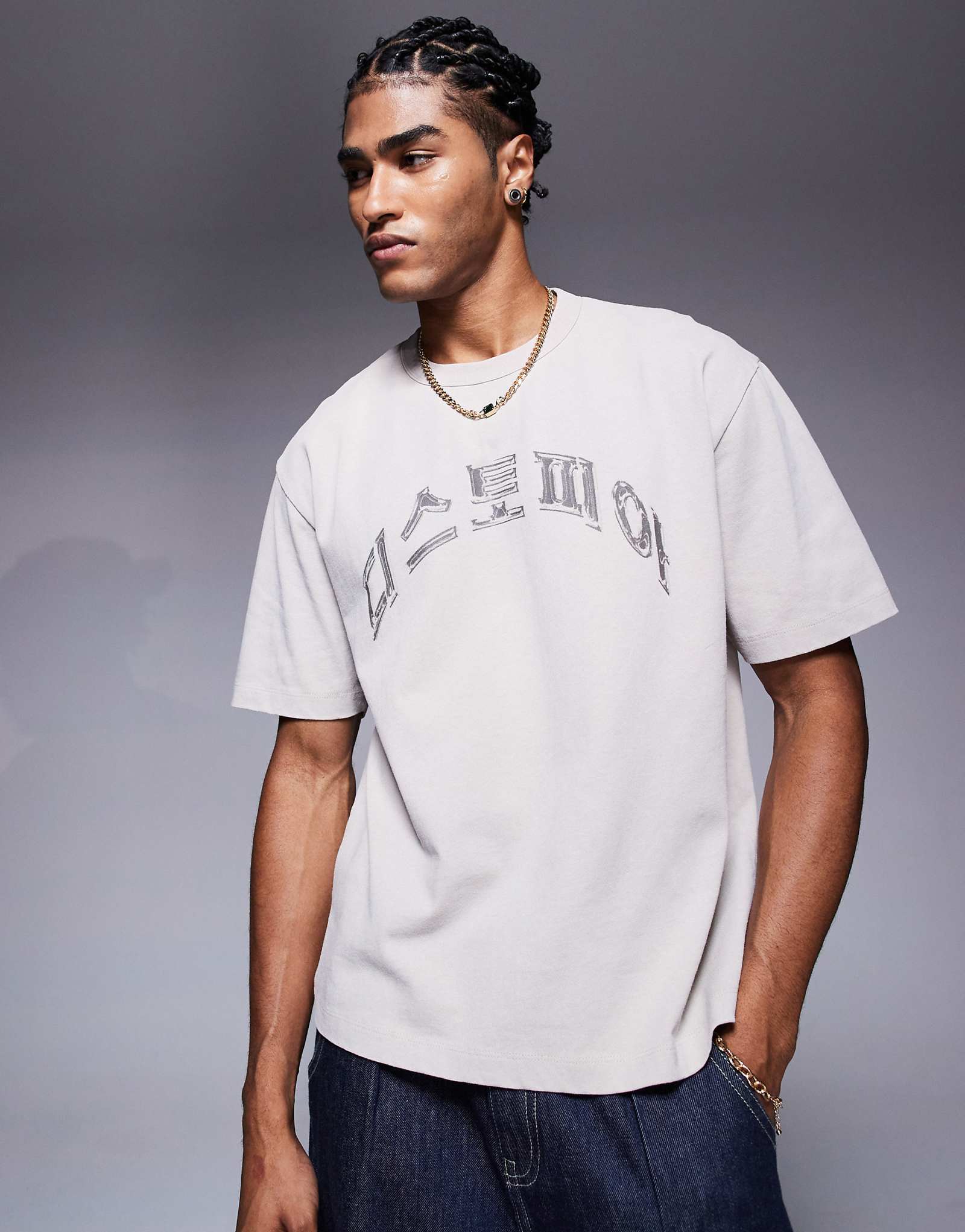 ASOS DESIGN boxy relaxed T-shirt in heavyweight 220gsm washed beige with text graphic 5690₽