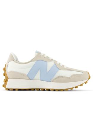 Женские кроссовки New Balance 327 белого цвета с бежевыми и нежно-голубыми деталями