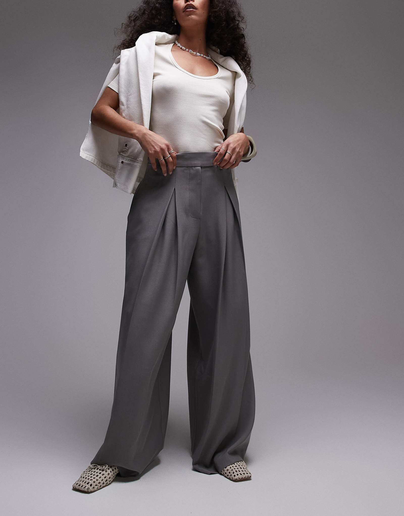 Topshop high waist pleated extreme wide leg pants in gray 9190₽
