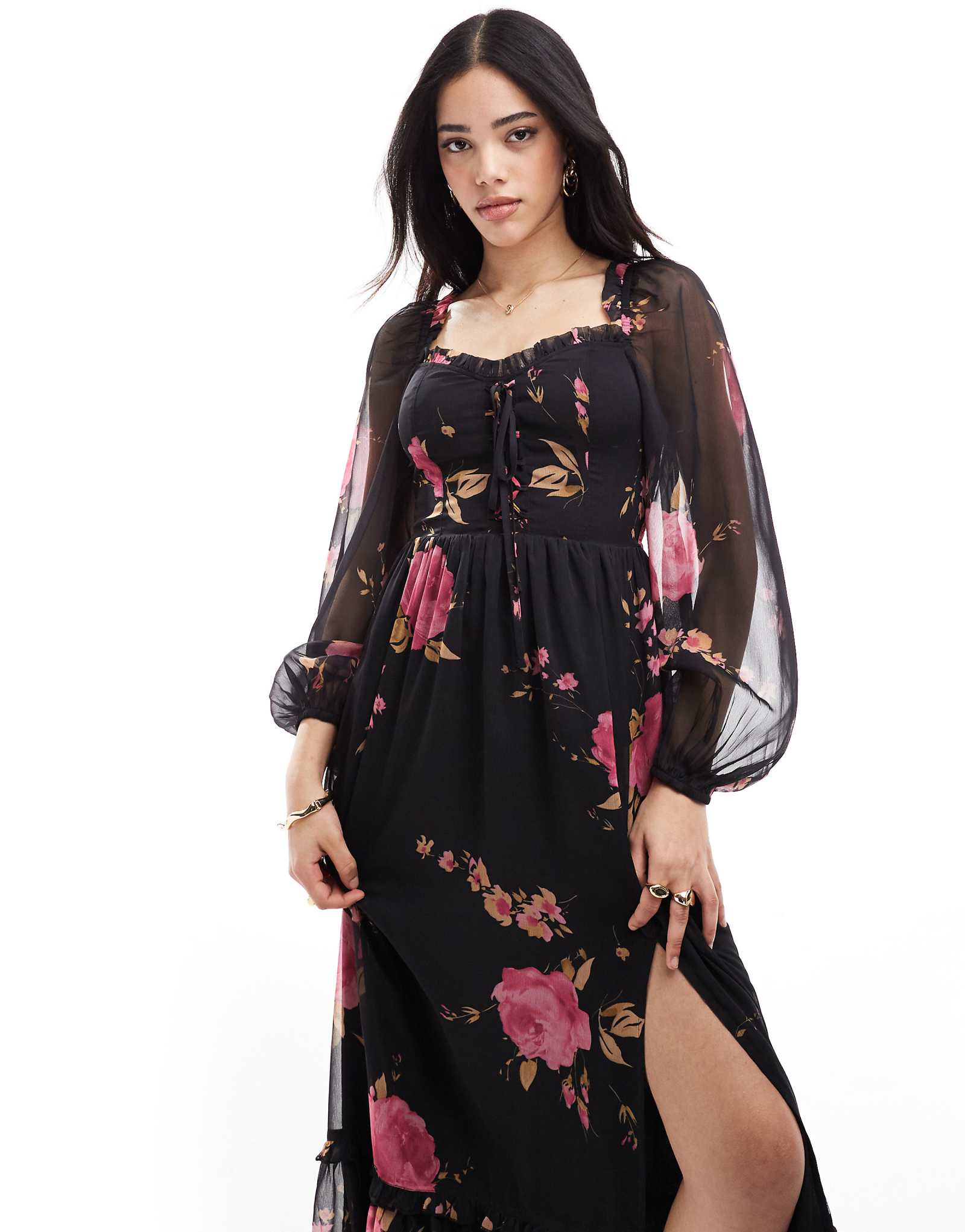 Miss Selfridge corset detail maxi dress in rose print 11390₽