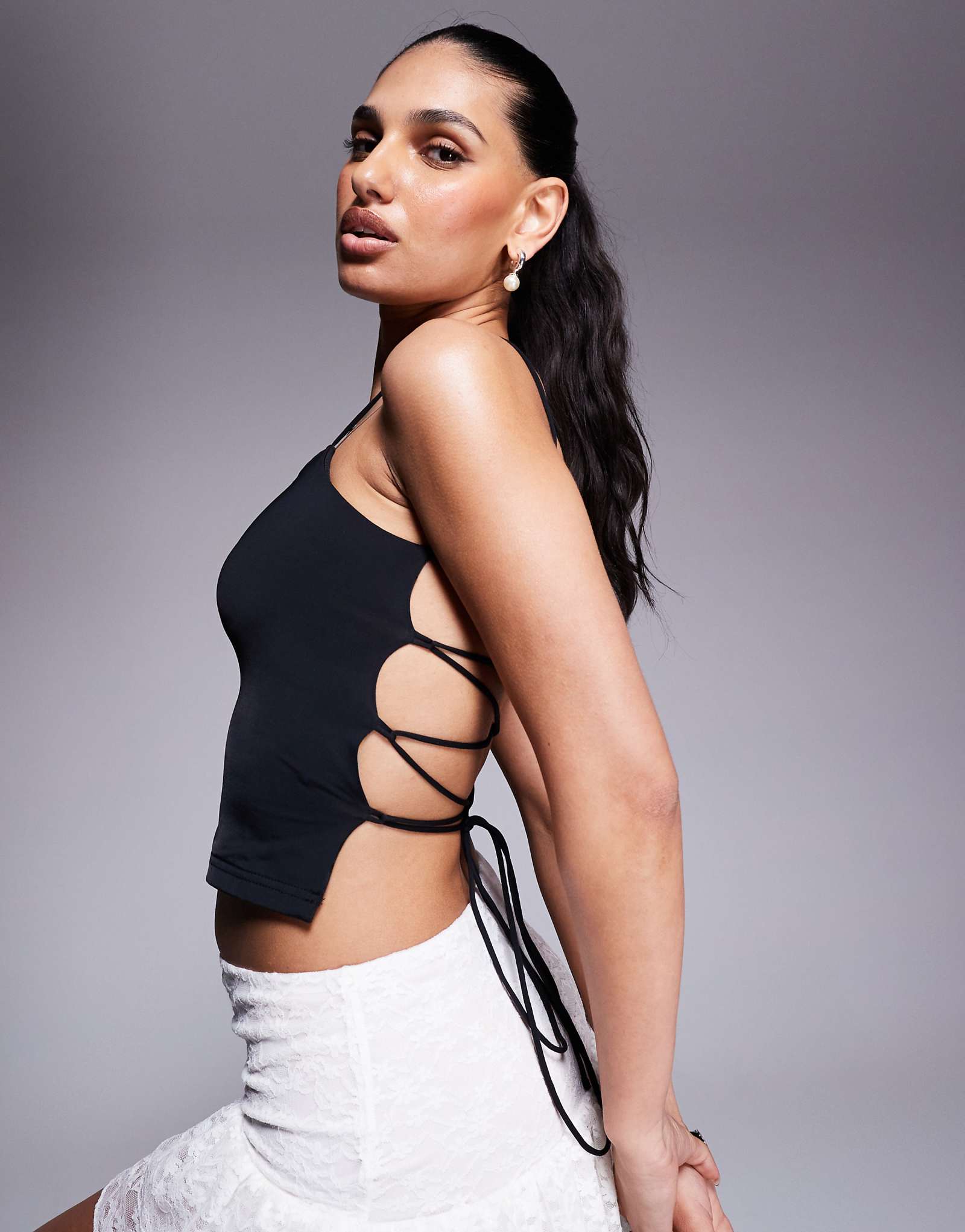 Princess Polly slinky square neck lace up open back cami top in black 6890₽