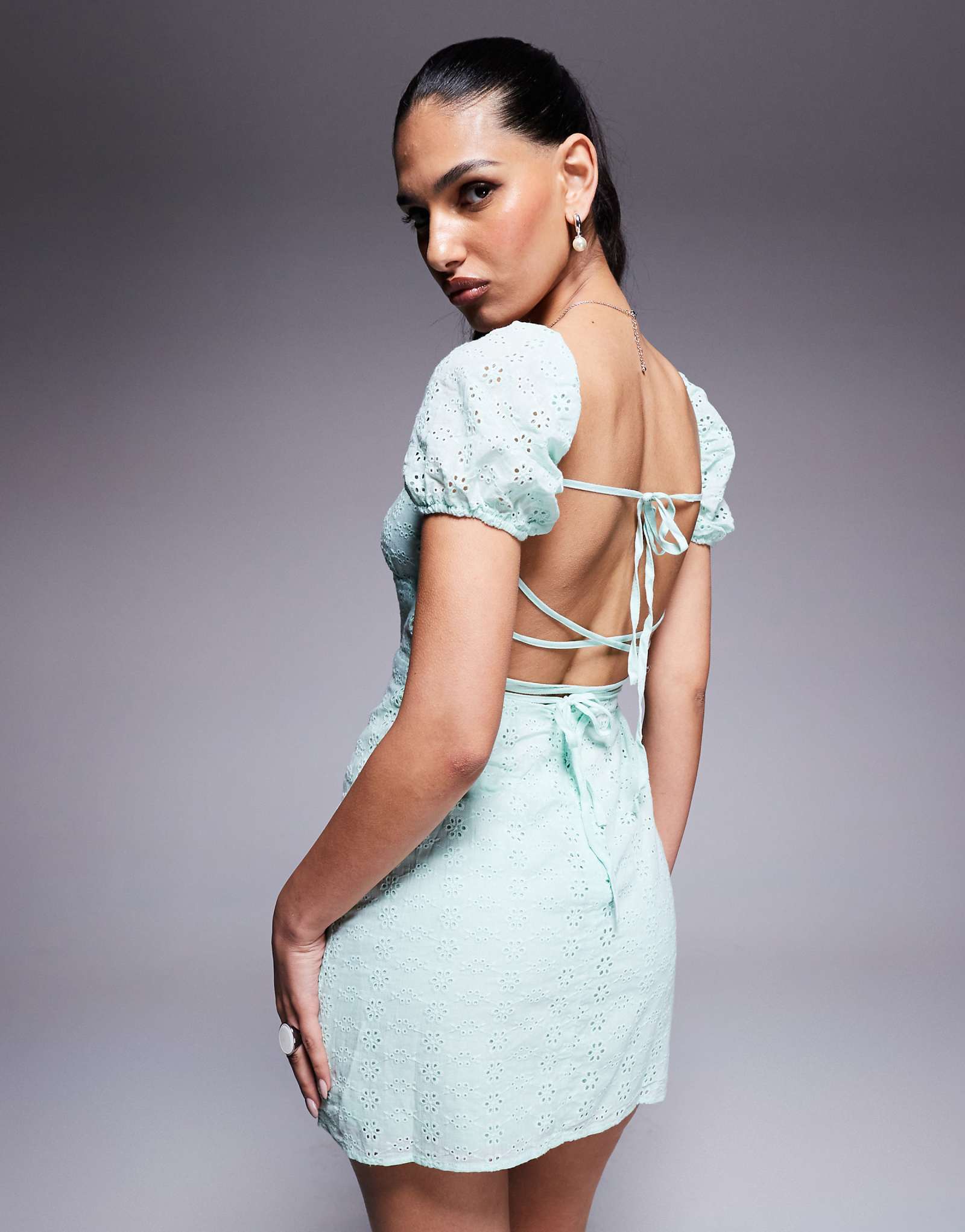 Princess Polly broderie puff sleeve open tie back mini dress in turquoise 8590₽