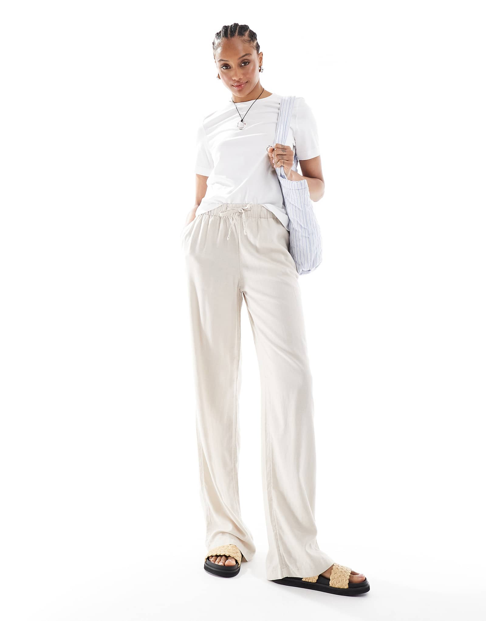 ONLY Tall linen mix pull on pants in stone 8690₽