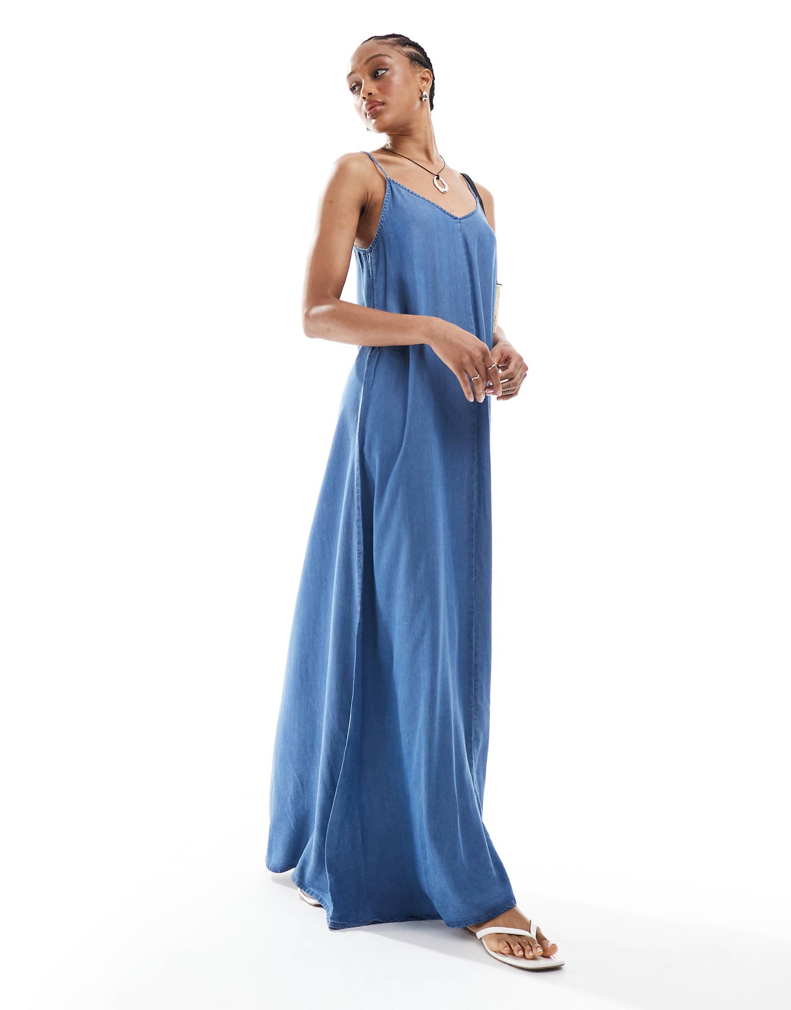 ONLY Tall denim maxi dress in mid blue