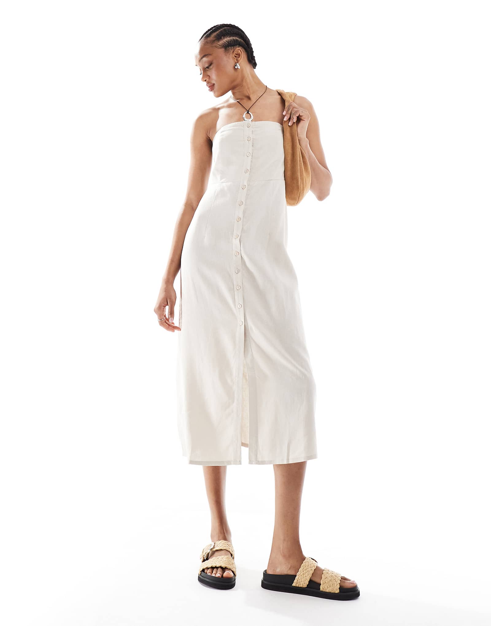 ONLY Tall linen mix bandeau midi dress in stone