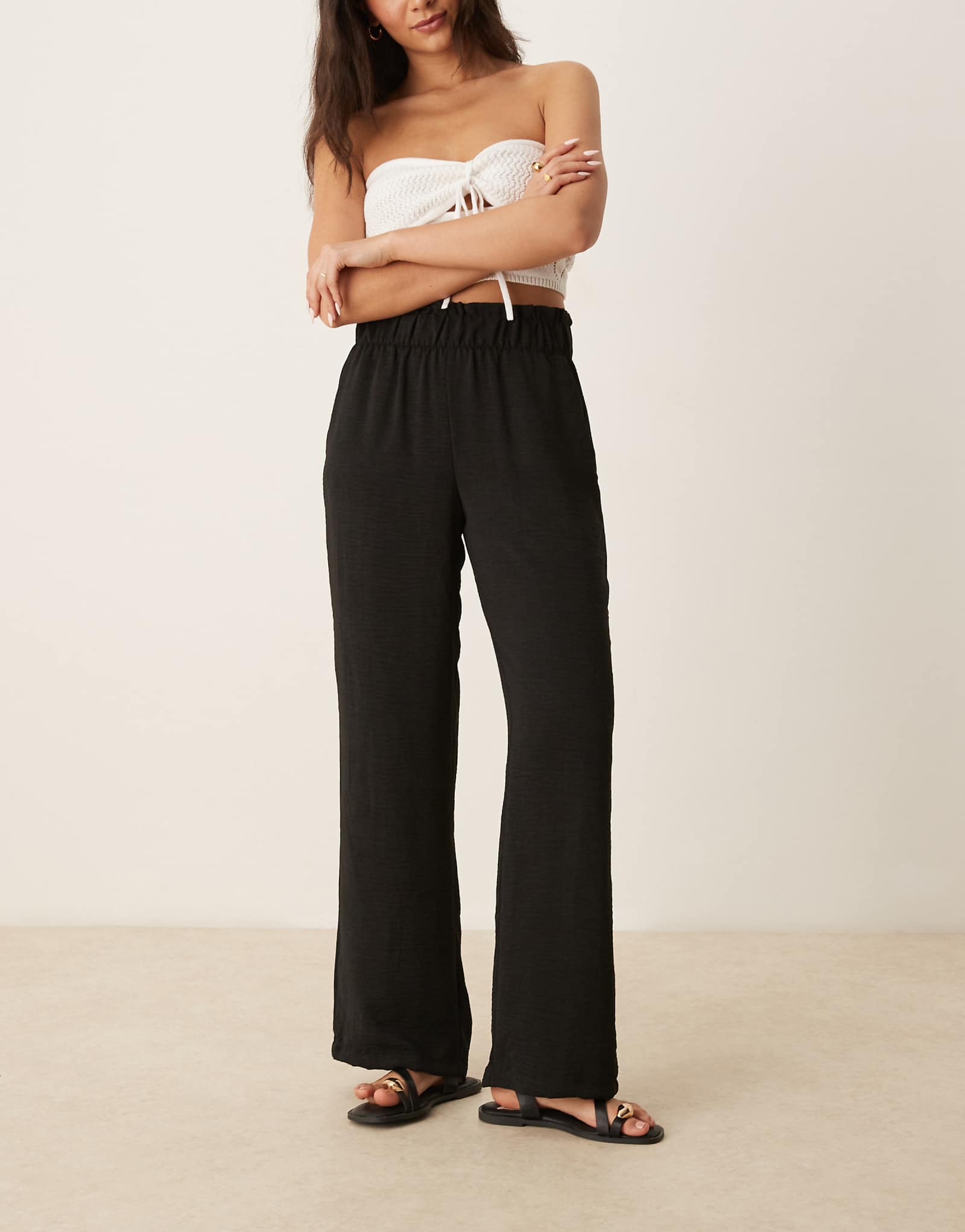 JDY paperbag waist linen look wide leg pants in black
