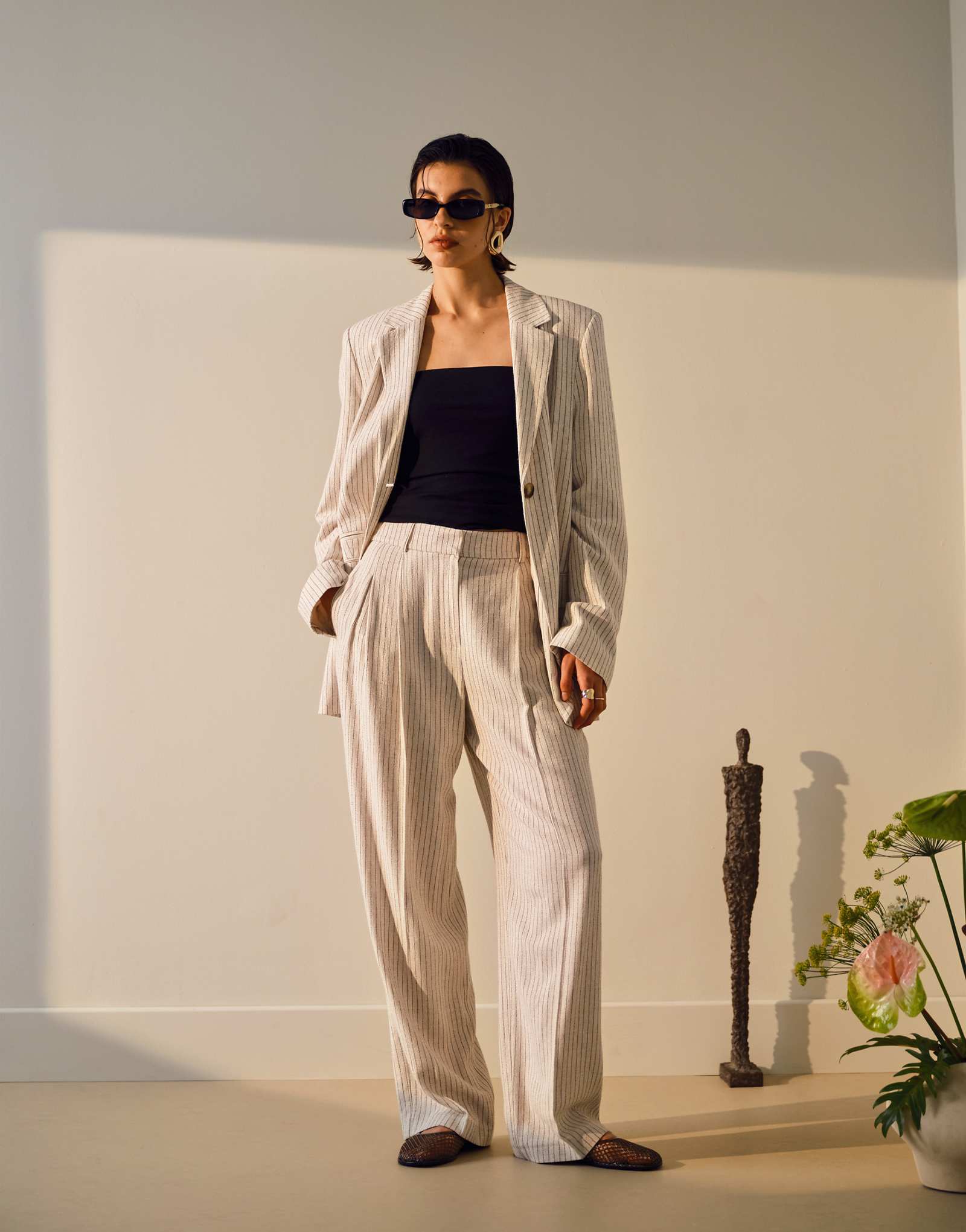 Topshop linen mix striped wide leg pants in cream - part of a set 14290₽