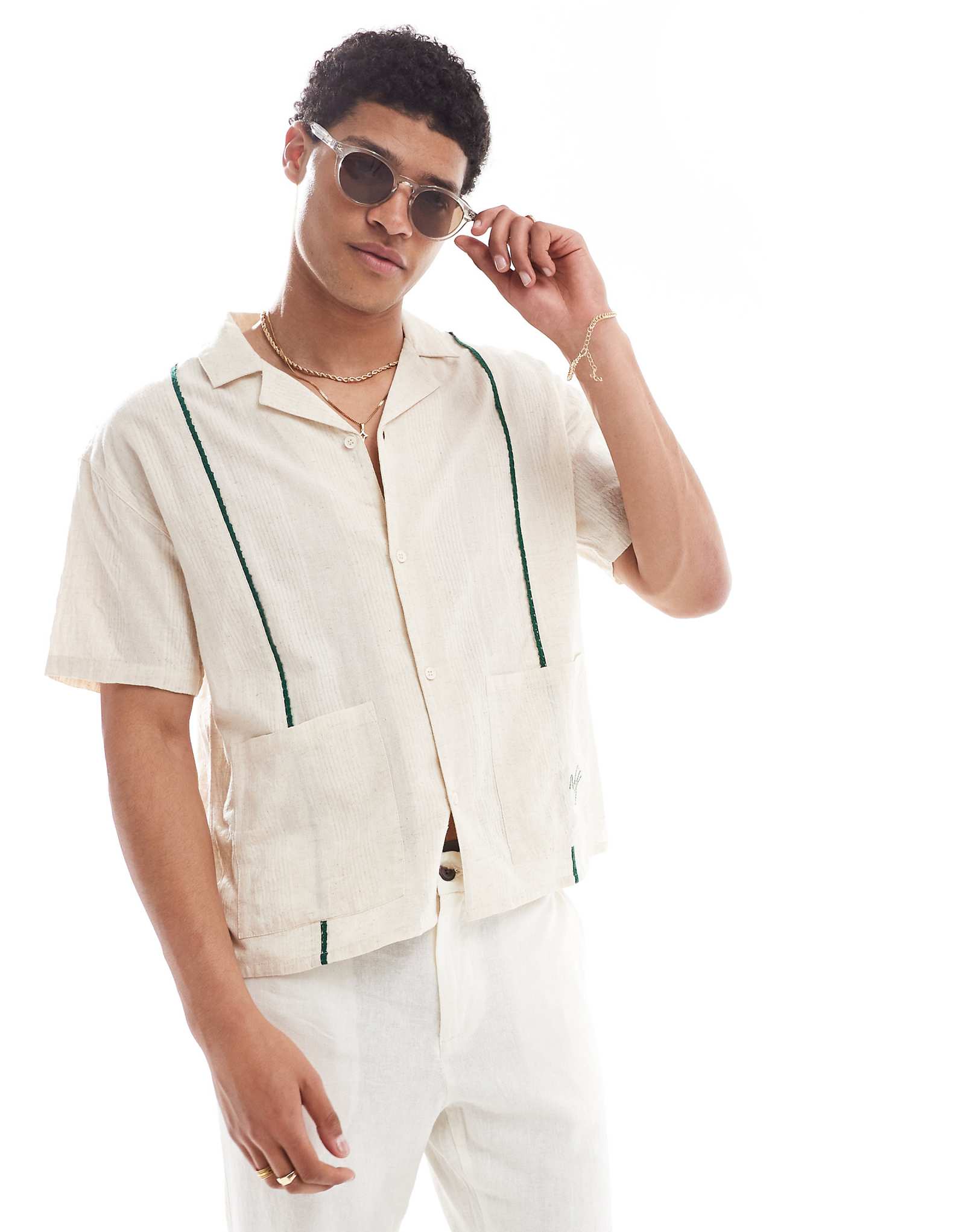 Native Youth textured boxy shirt in green and stone