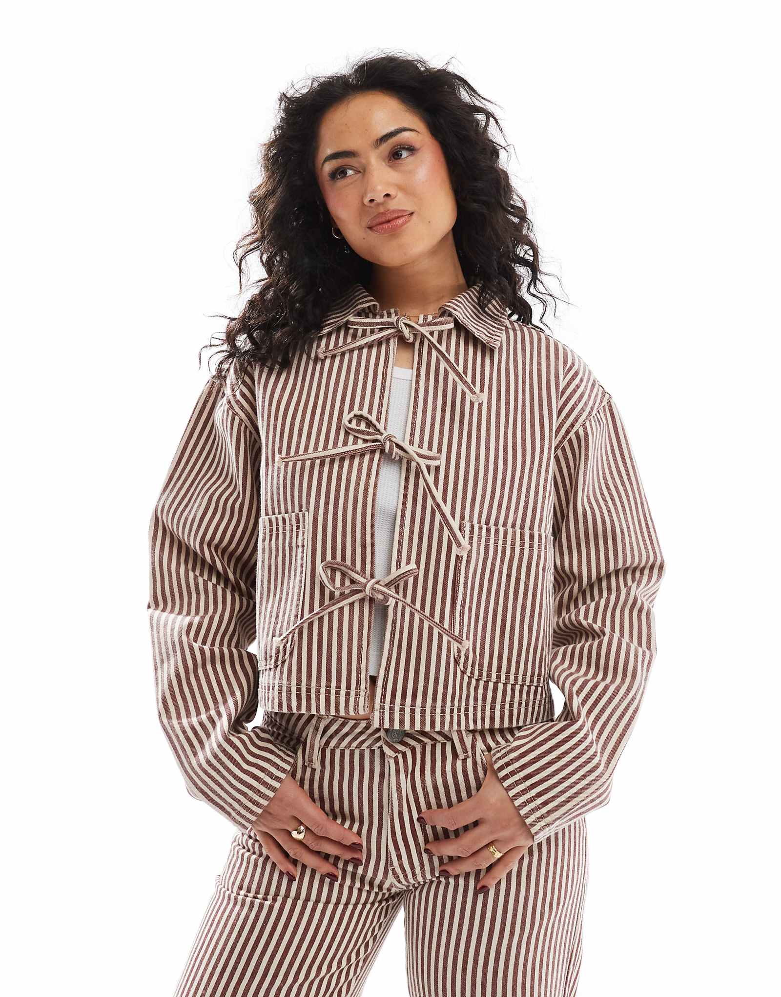 Daisy Street bow tie front denim jacket in red and ecru stripe - part of a set 10690₽